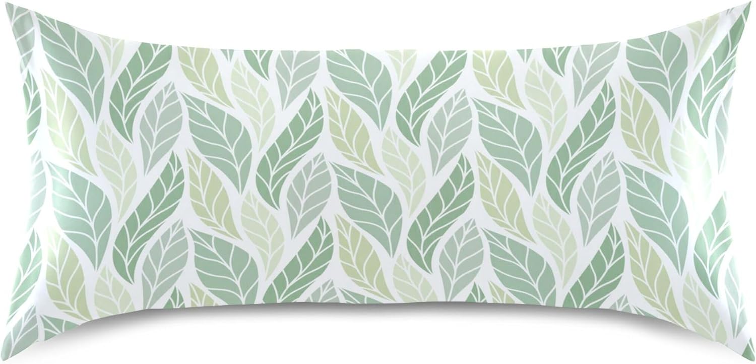 TSENQUE Geometric Green Leaves Pattern Satin Pillow Case