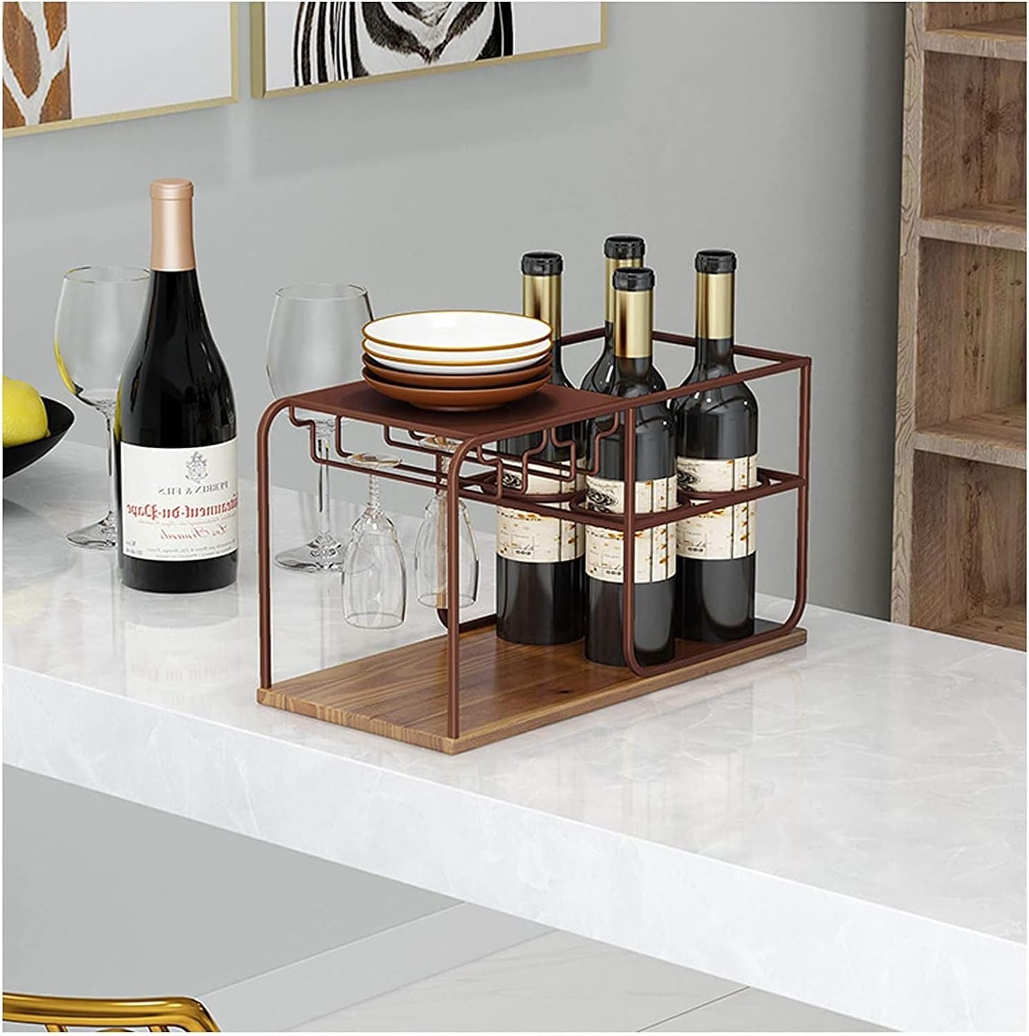ALDEPO Tabletop Wine Rack with Glass Holder Capacity 4 Bottles 4 Glasses