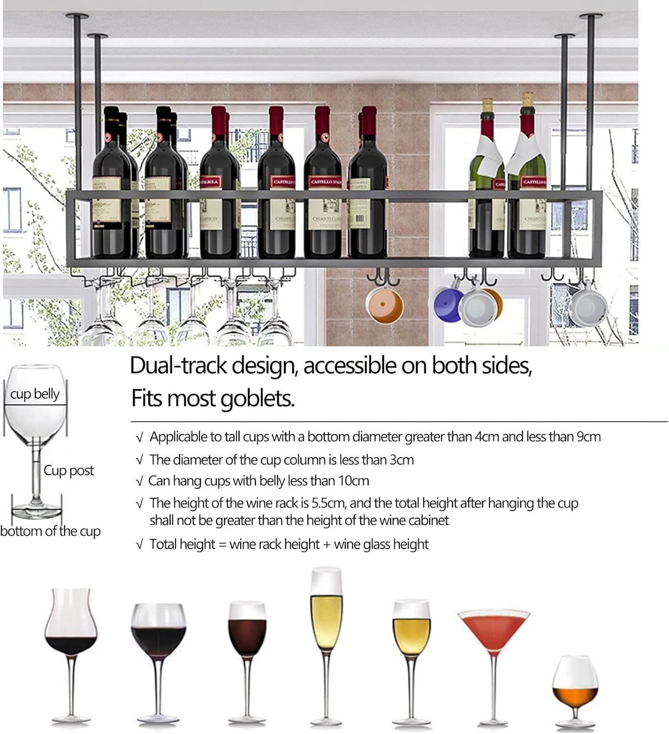 Suuim Iron Wine Holder Ceiling Rack with Adjustable Height