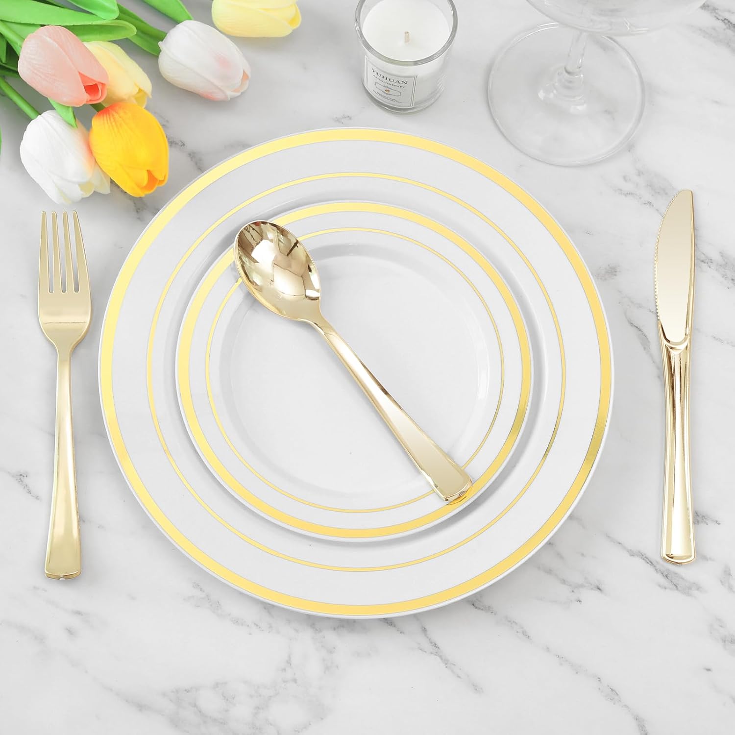 50 Pack Gold Plastic Spoons - Heavy Duty Disposable Serving Utensils