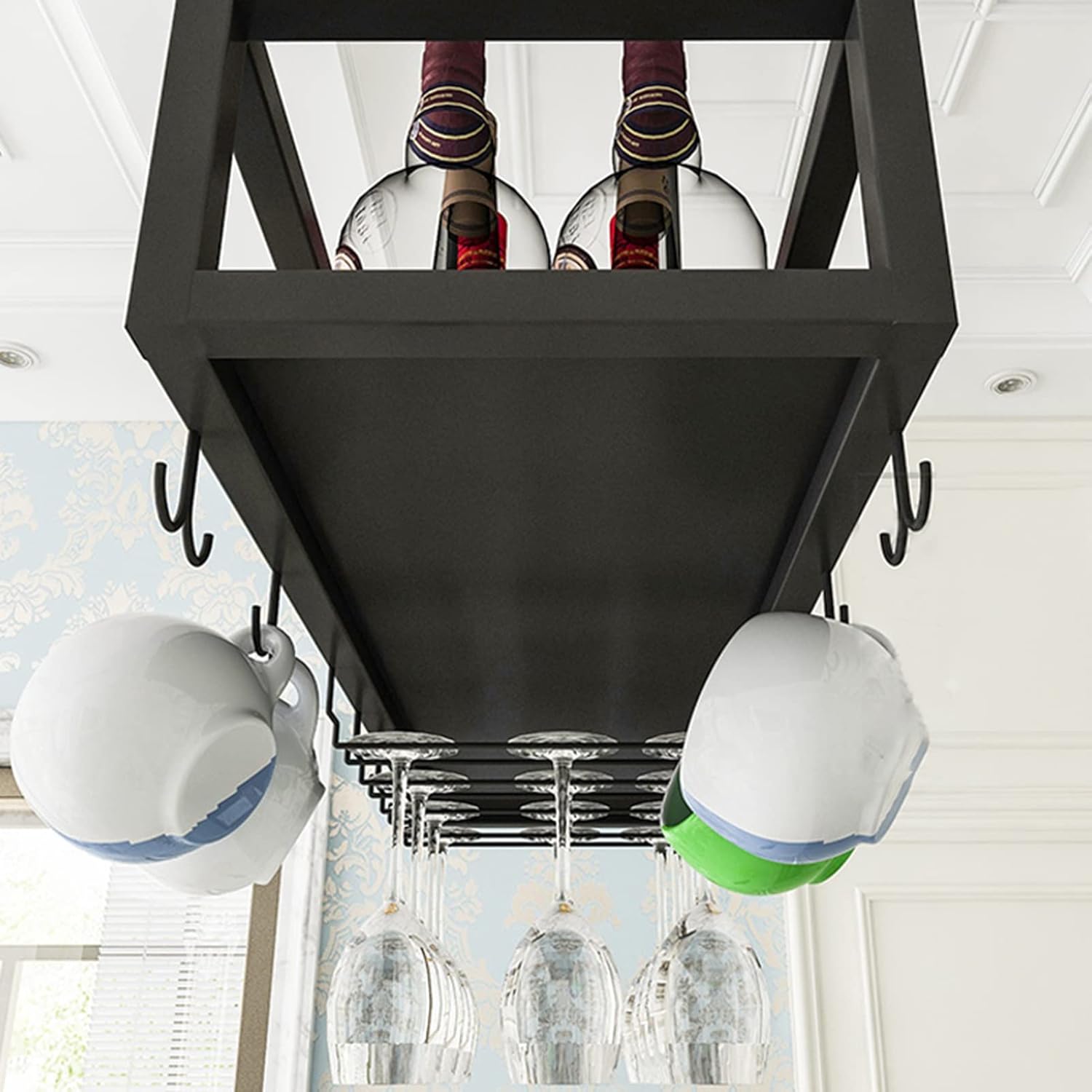 Black Wine Rack with Glass Holder 2-in-1 Stemware Bottle Storage