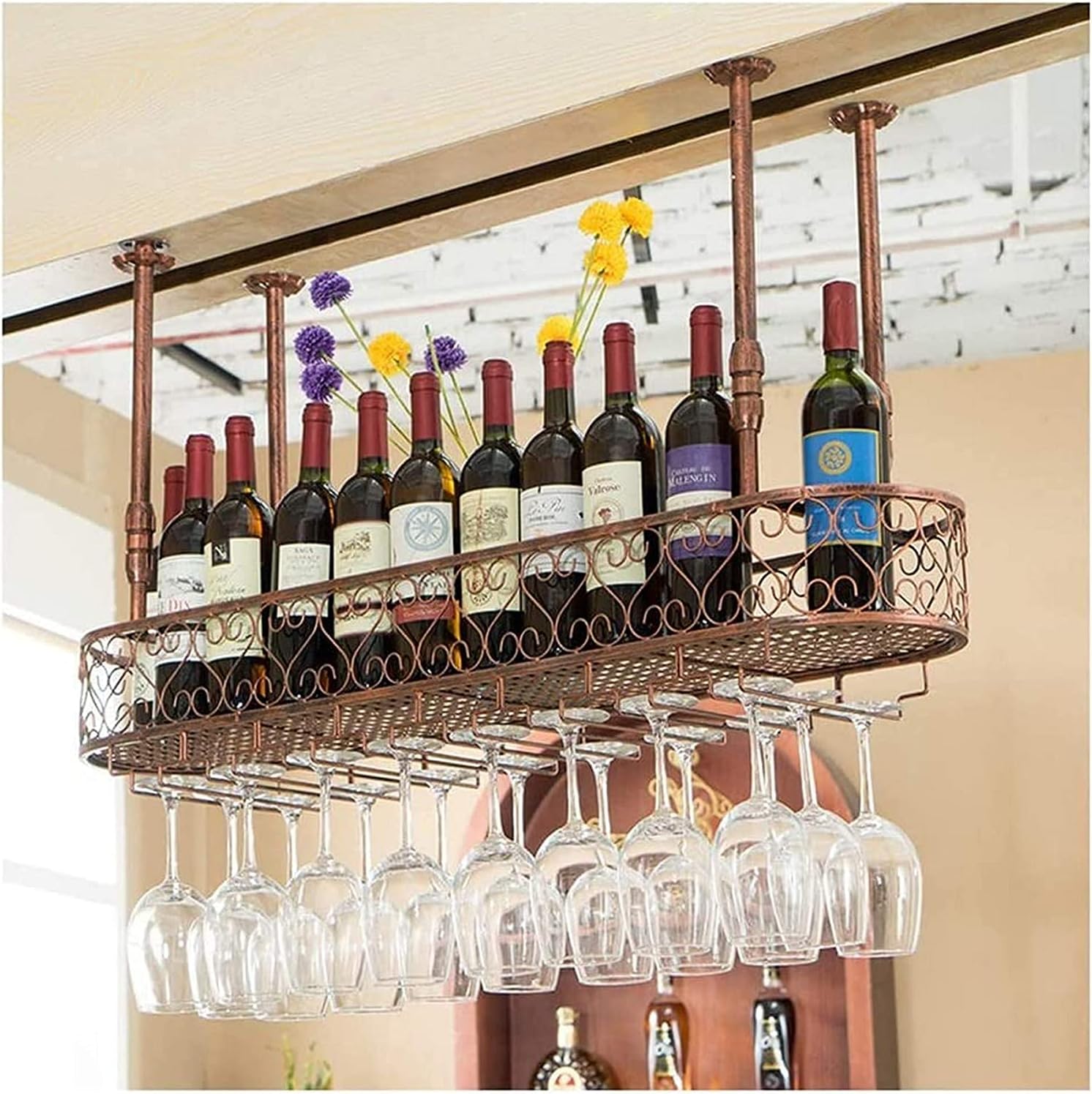 Suuim Hanging Wine Rack with Glass Holder and Shelf 1