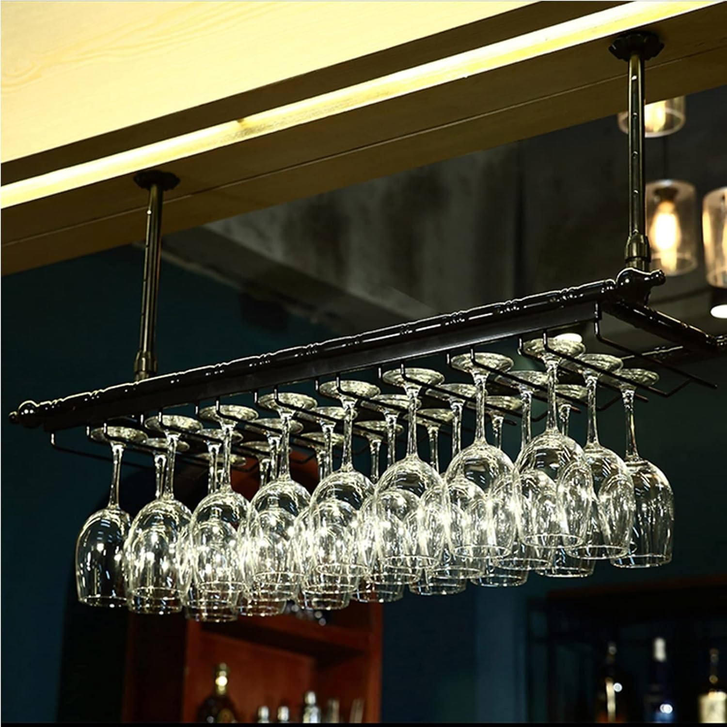Suuim Metal Ceiling Wine Rack Holder with Adjustable Stemware