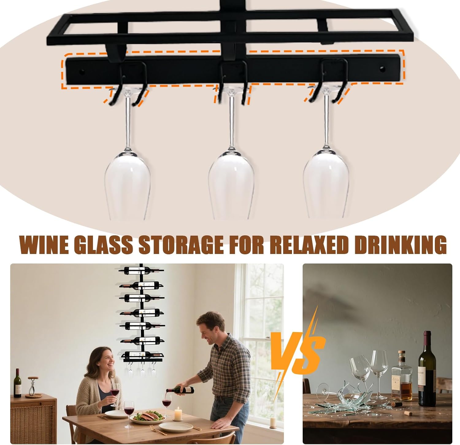 16 Bottle Wall Mount Wine Rack with Glass Holder Black
