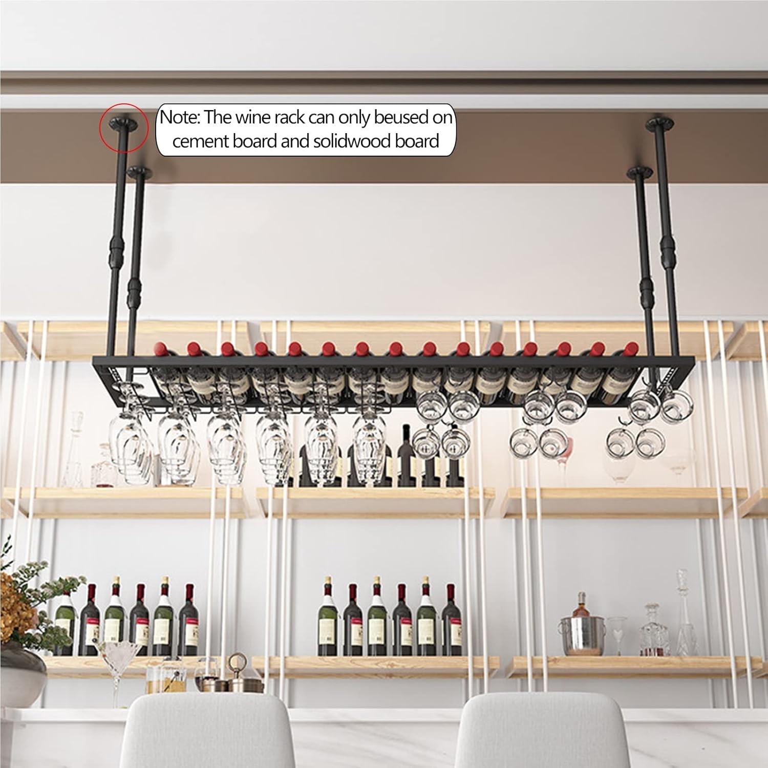 Adjustable Ceiling Wine Bottle Holder with Glass Rack