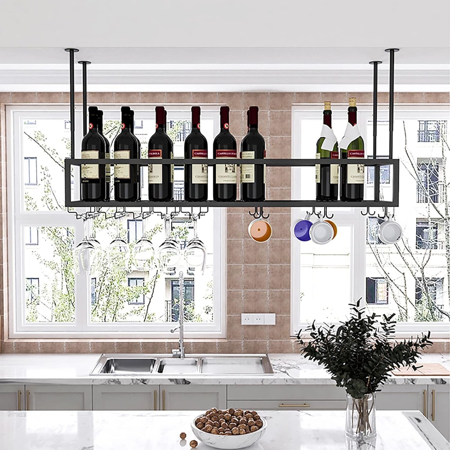 Industrial Black Wine Rack with Stemware Storage