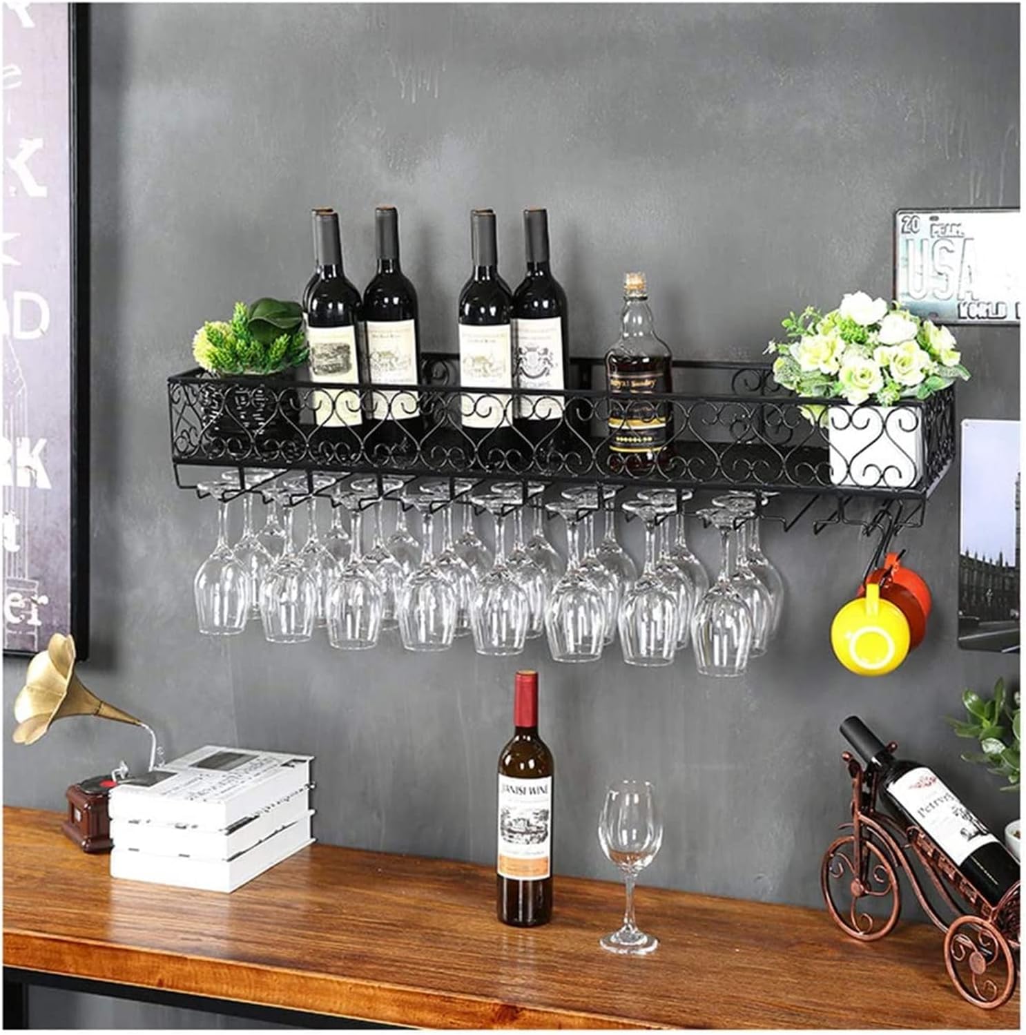 ALDEPO Wall-Mounted Wine Rack with Glass Holder Black Organizer