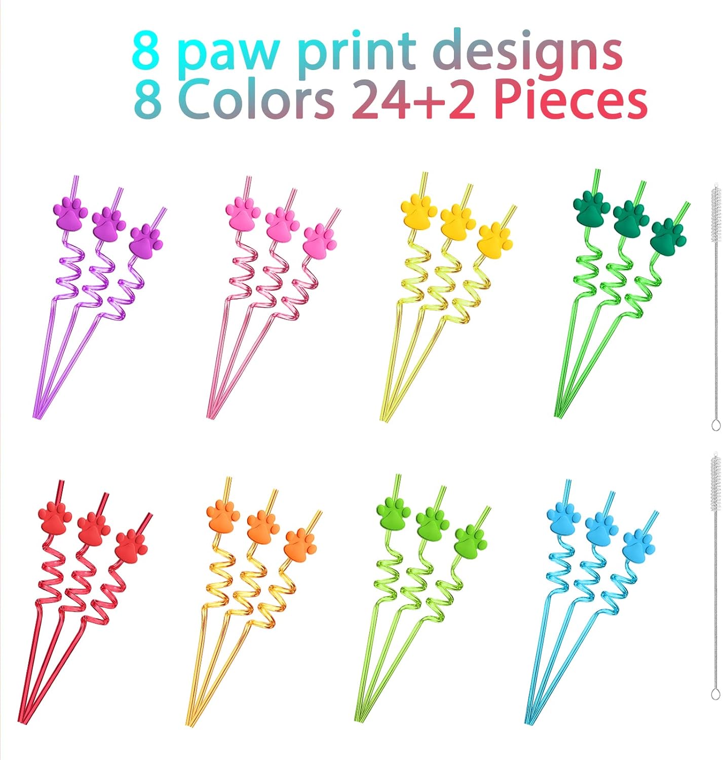FZR Legend 24 Paw Patterned Drinking Straws with Cleaning Brush
