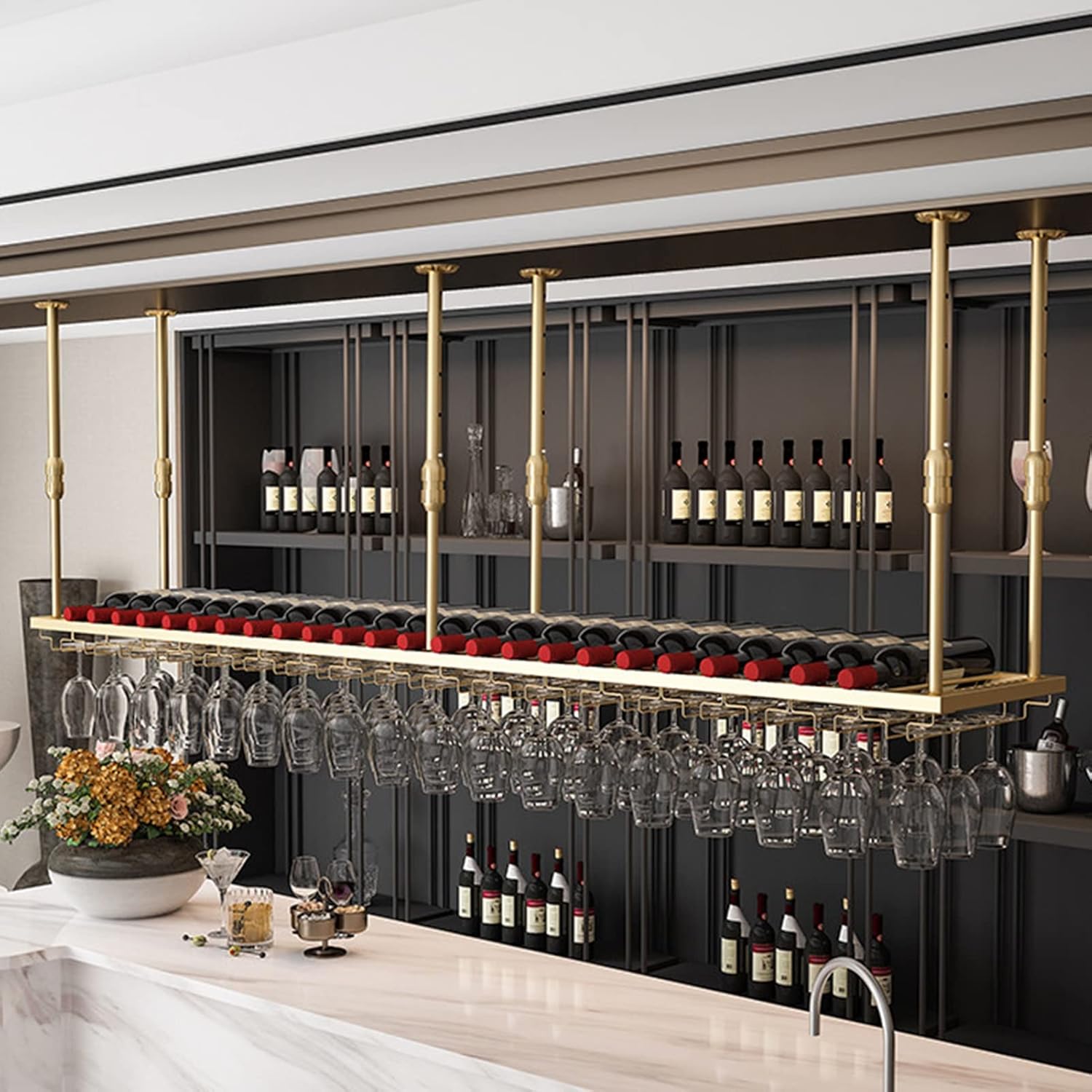 Suuim Ceiling Wine Rack Adjustable Height and Width Gold