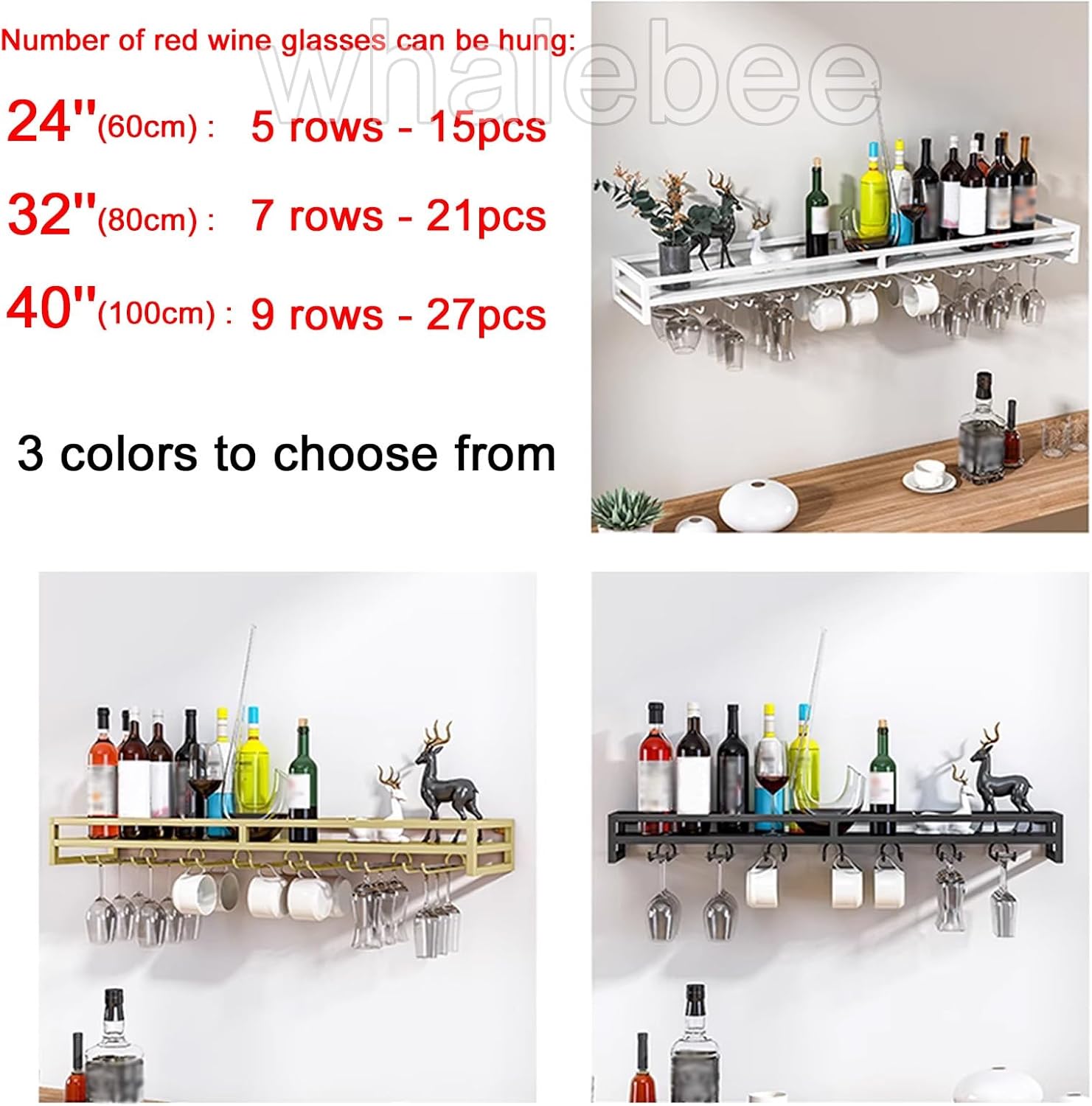 Whalebee Wine Glass Holder 24 Metal Rack for Wall Mount