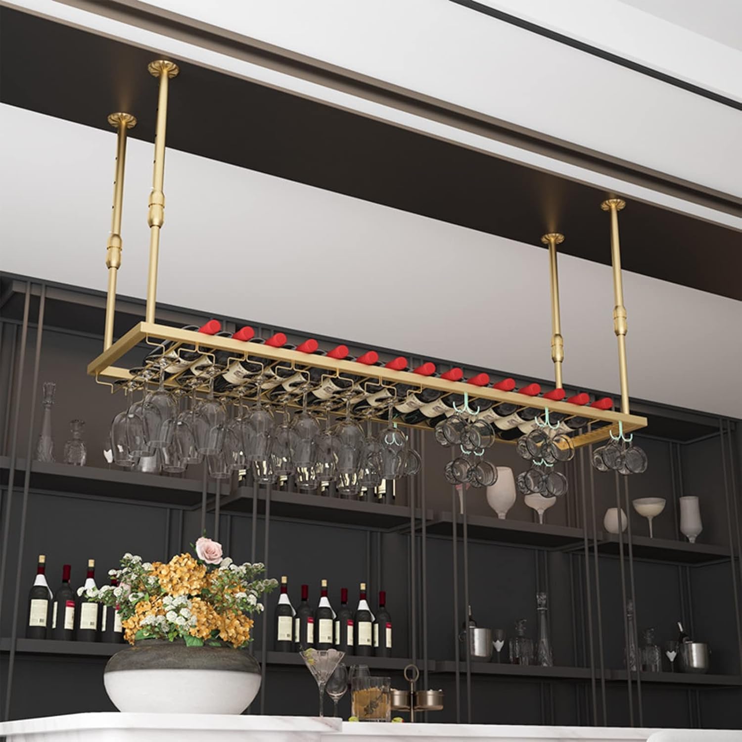 Suuim Ceiling Wine Rack Adjustable Height and Width Gold