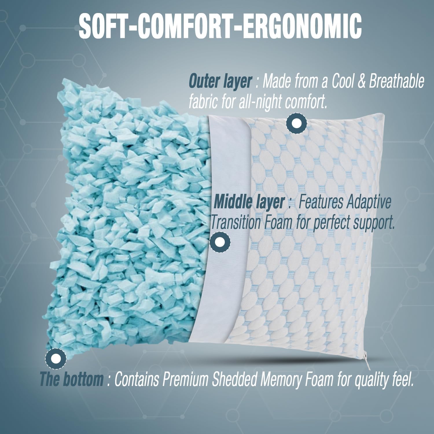 Cooling Shredded Memory Foam Pillow Adjustable Gel Travel-Ready