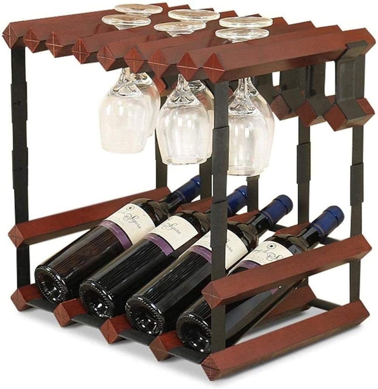 Freestanding Wine Rack 4 Bottles Pine Wood and Steel Holder