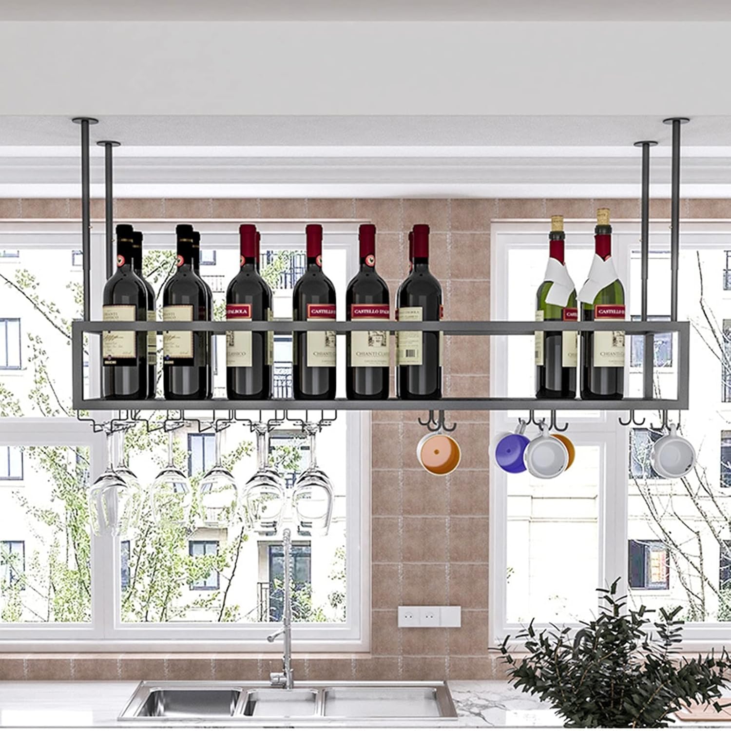 Suuim Iron Wine Holder Ceiling Rack with Adjustable Height