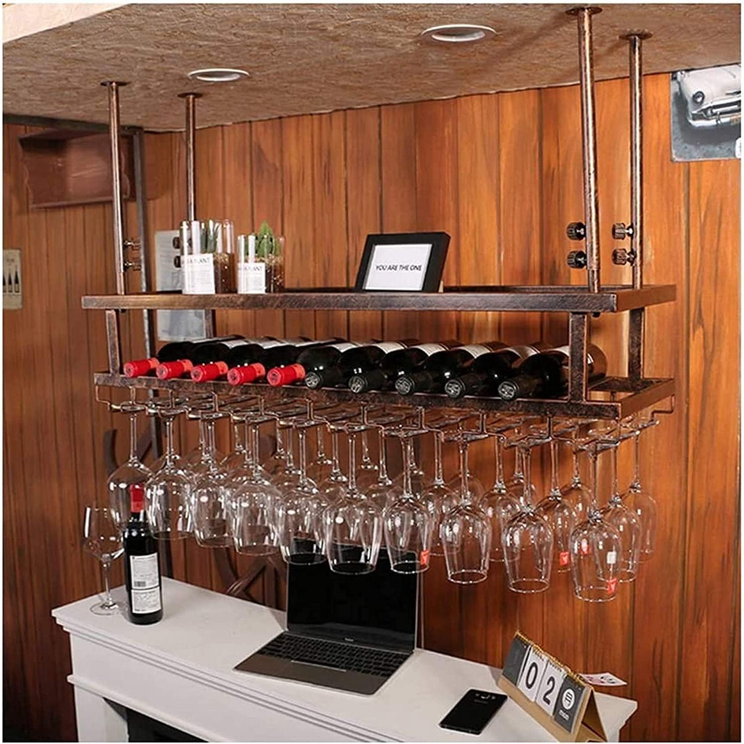 Sturdy Metal Ceiling Wine Rack with Glass Holder Shelf