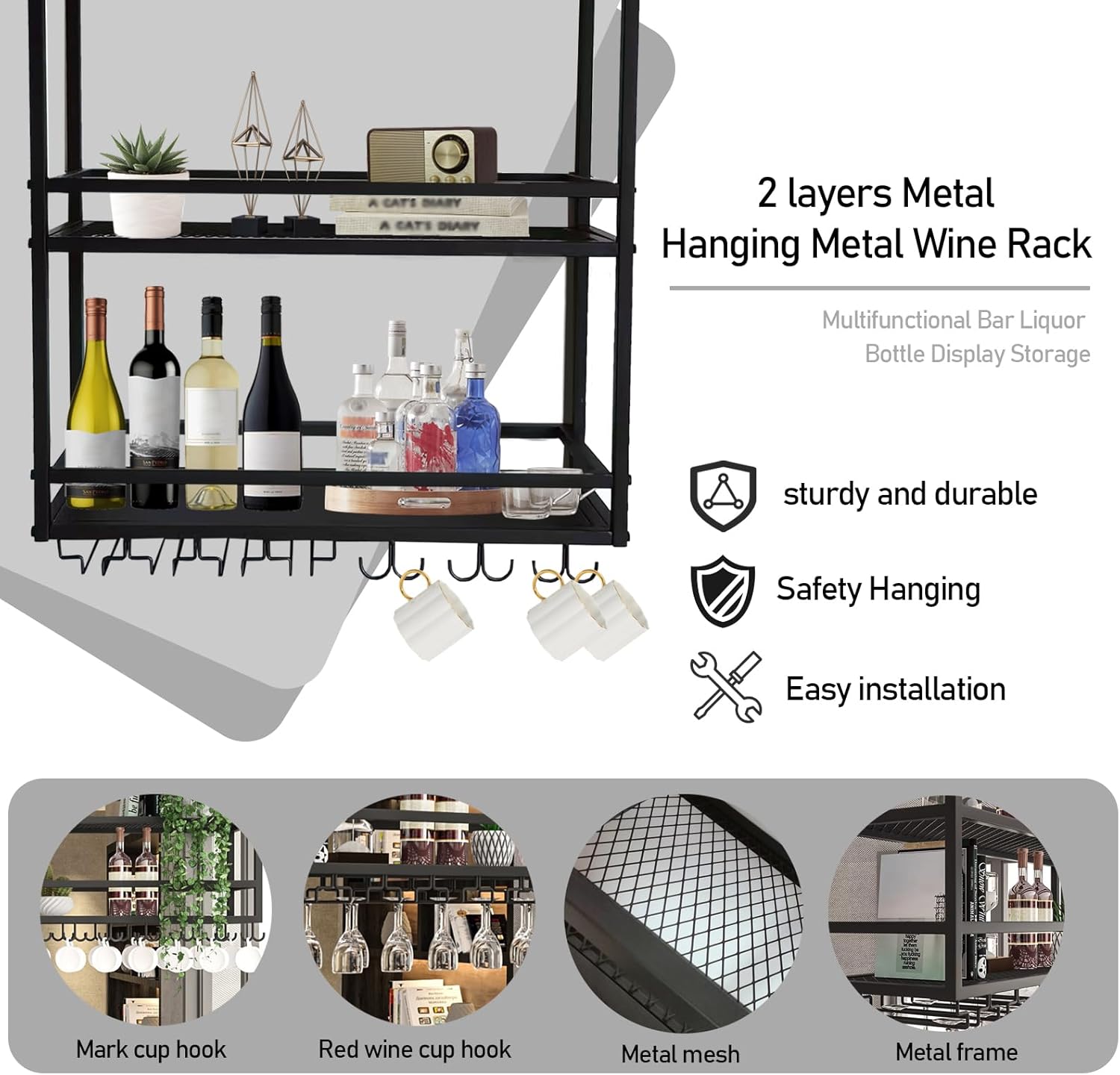 Ceiling Wine Glass Rack 2-Tier Metal Storage Shelf