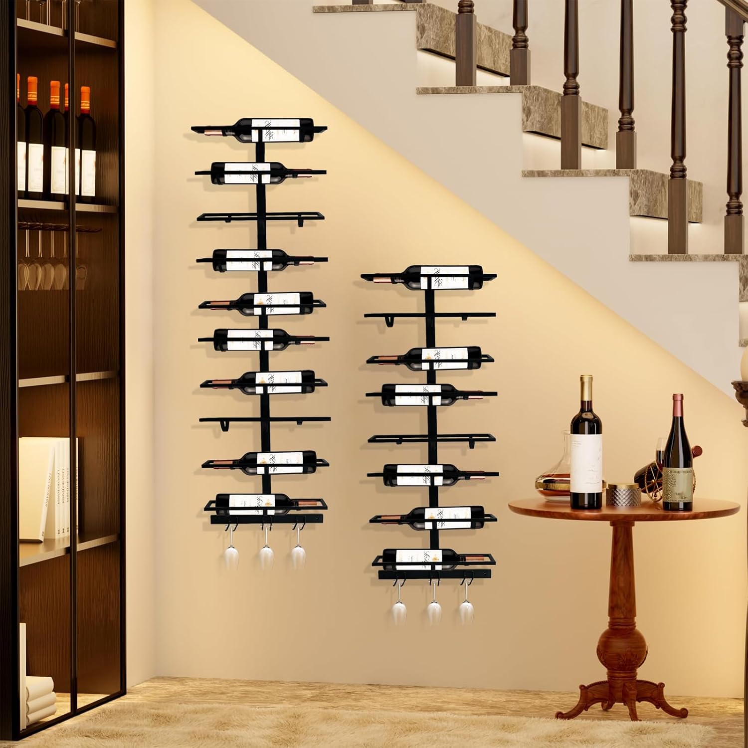 16 Bottle Wall Mount Wine Rack with Glass Holder Black