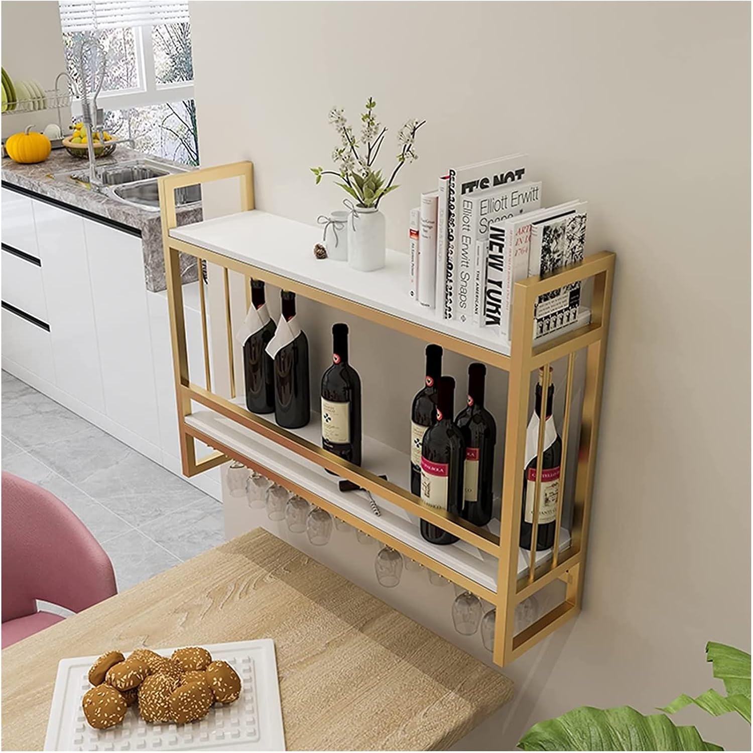 ALDEPO Tabletop Wine Rack with Glass Holder Capacity 4 Bottles 4 Glasses