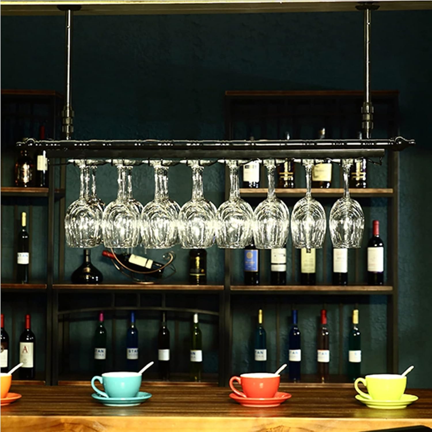 Suuim Metal Ceiling Wine Rack Holder with Adjustable Stemware