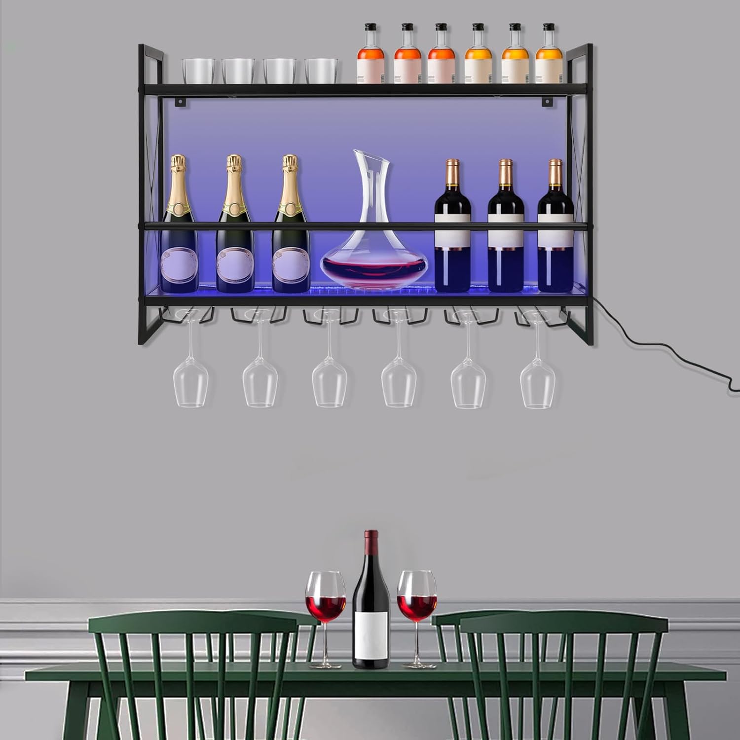 WUSILILU 2Tiers LED Wine Rack Wall Mount with Remote Control