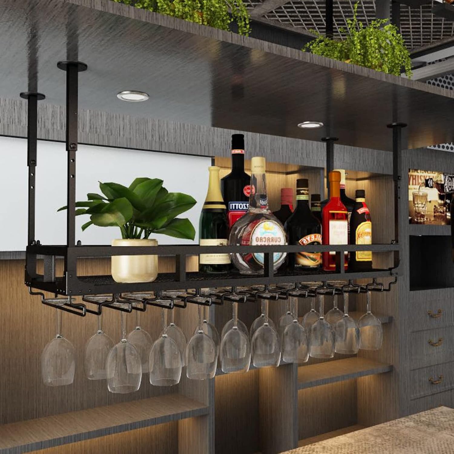 Adjustable Wine Glass Holder with Bottle Rack Black