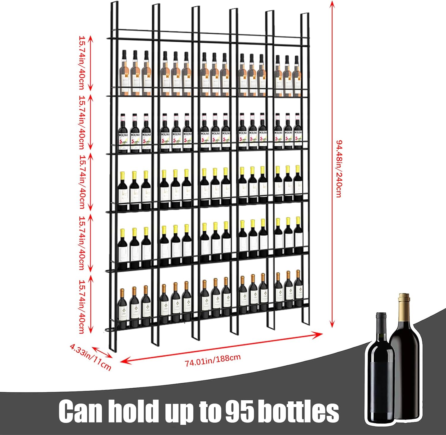 RAJYQODIS 6-Tier Wall-Mounted Wine Rack Black Industrial Style