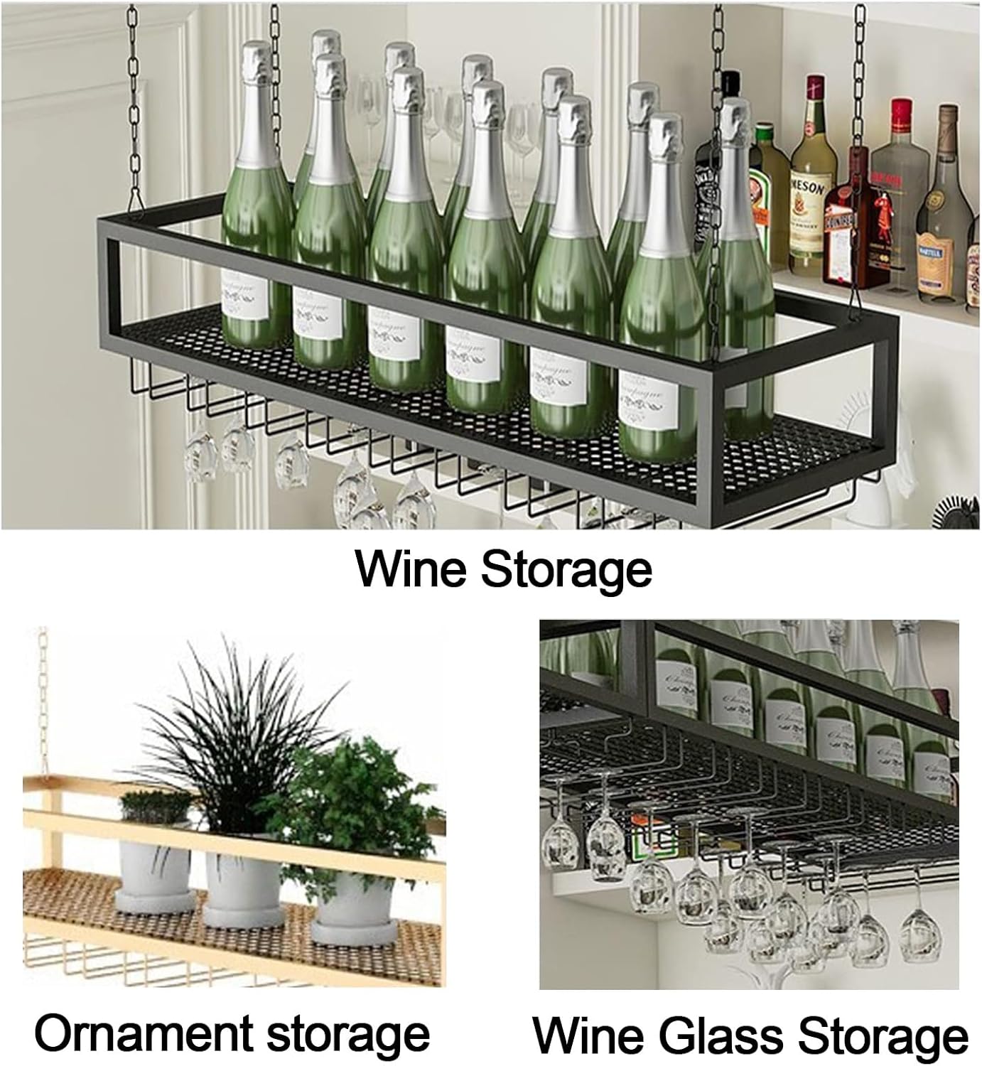 Ceiling Wine Glass Rack with Adjustable Height and Durable Metal