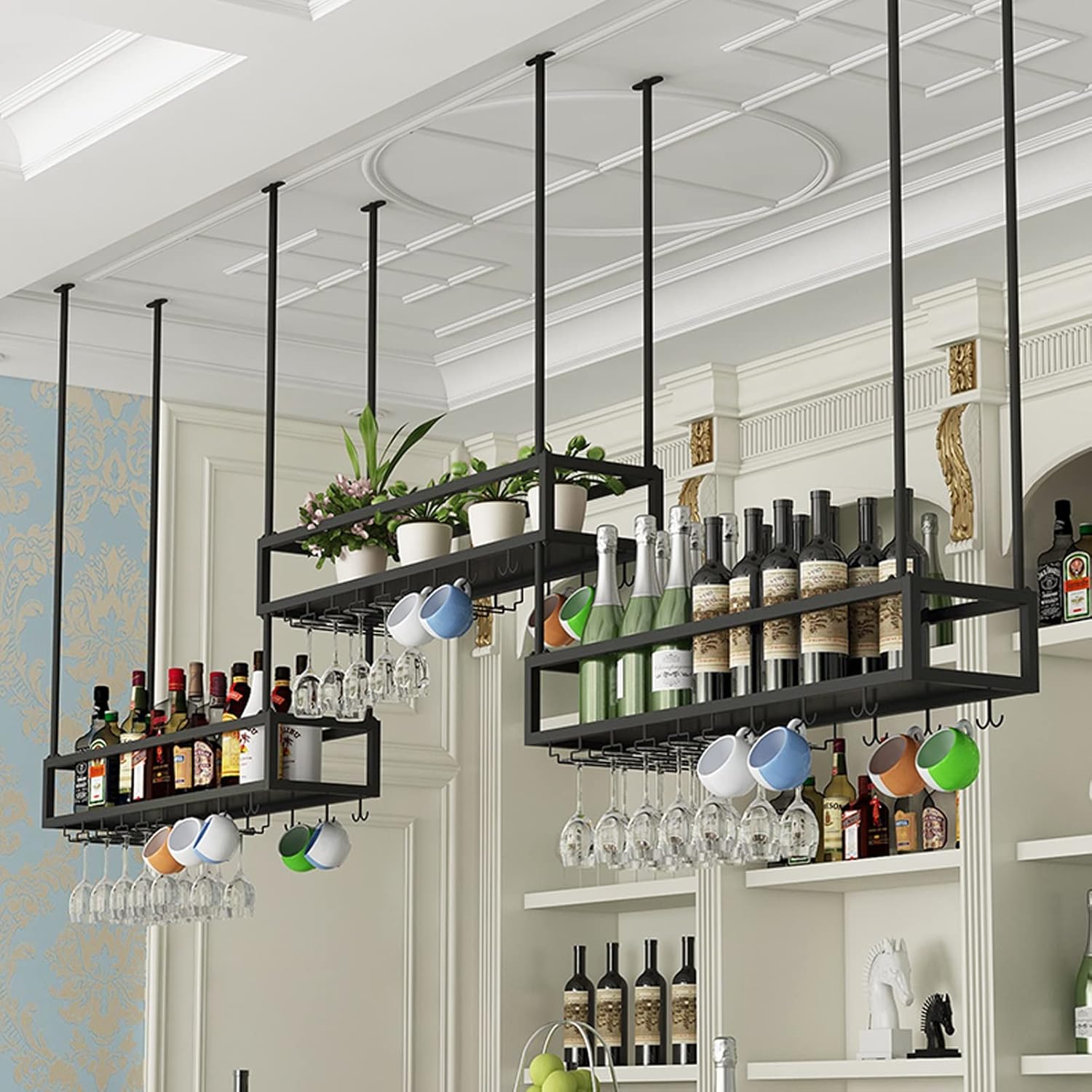 Black Wine Rack with Glass Holder 2-in-1 Stemware Bottle Storage