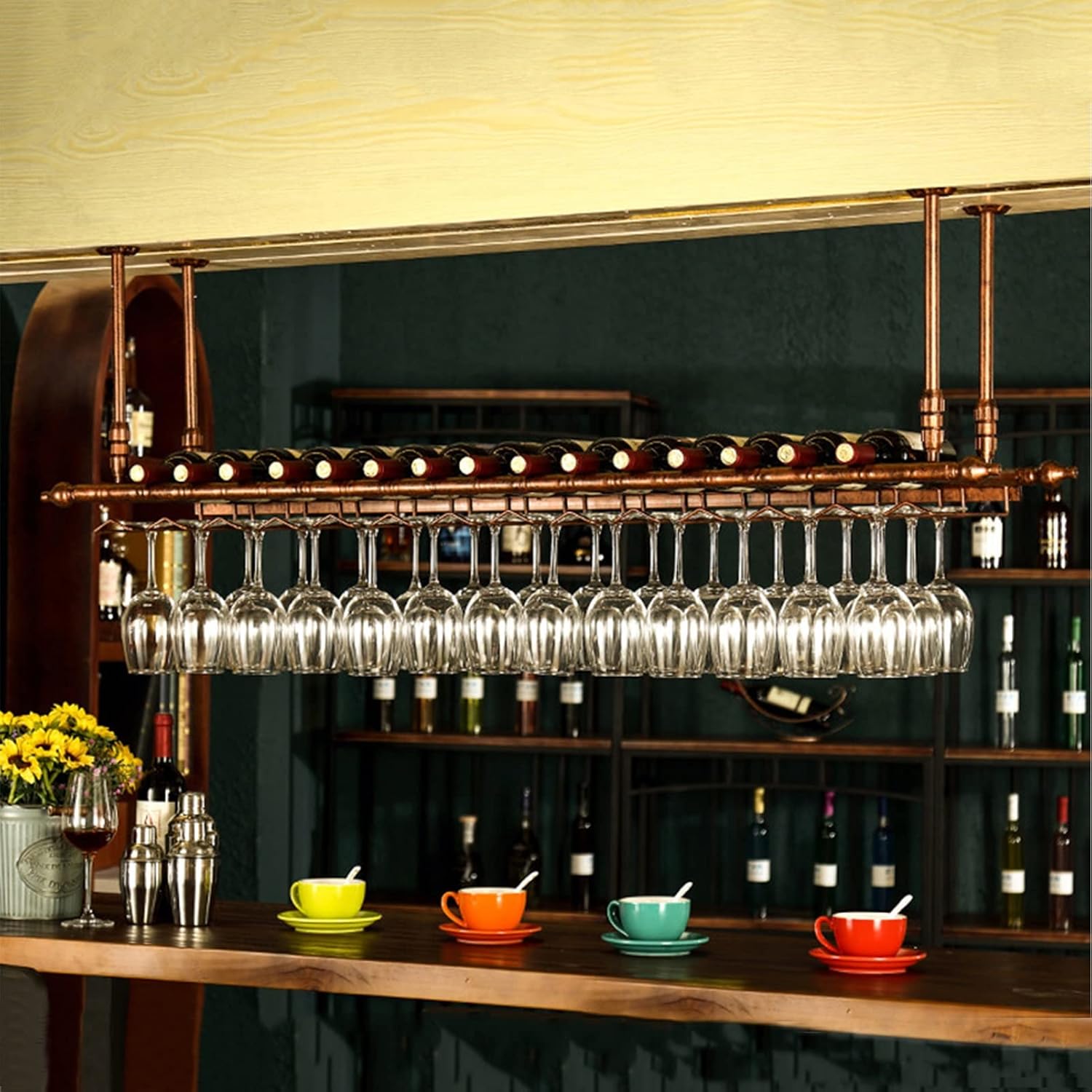 Metal Wine Racks with Adjustable Stemware Holder for Home Bar