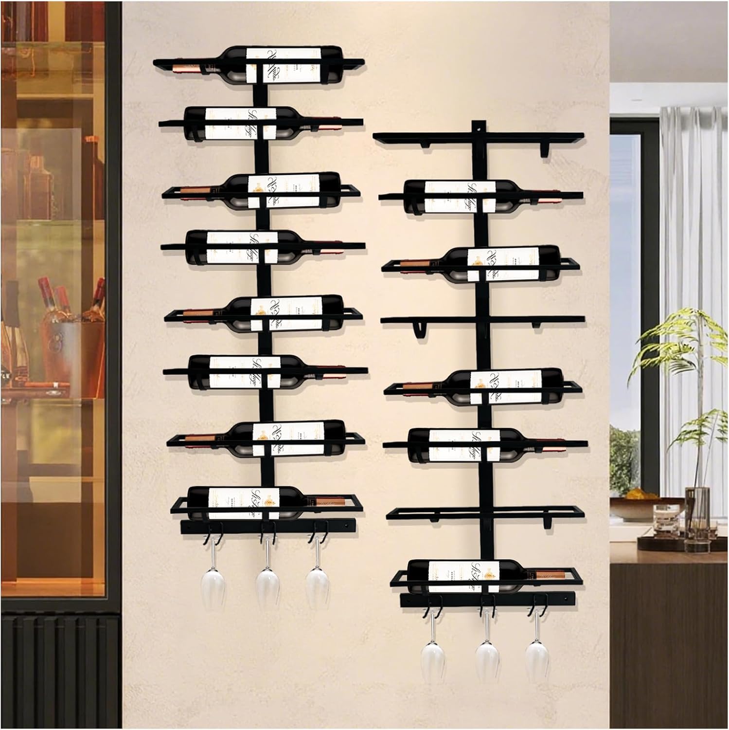 16 Bottle Wall Mount Wine Rack with Glass Holder Black