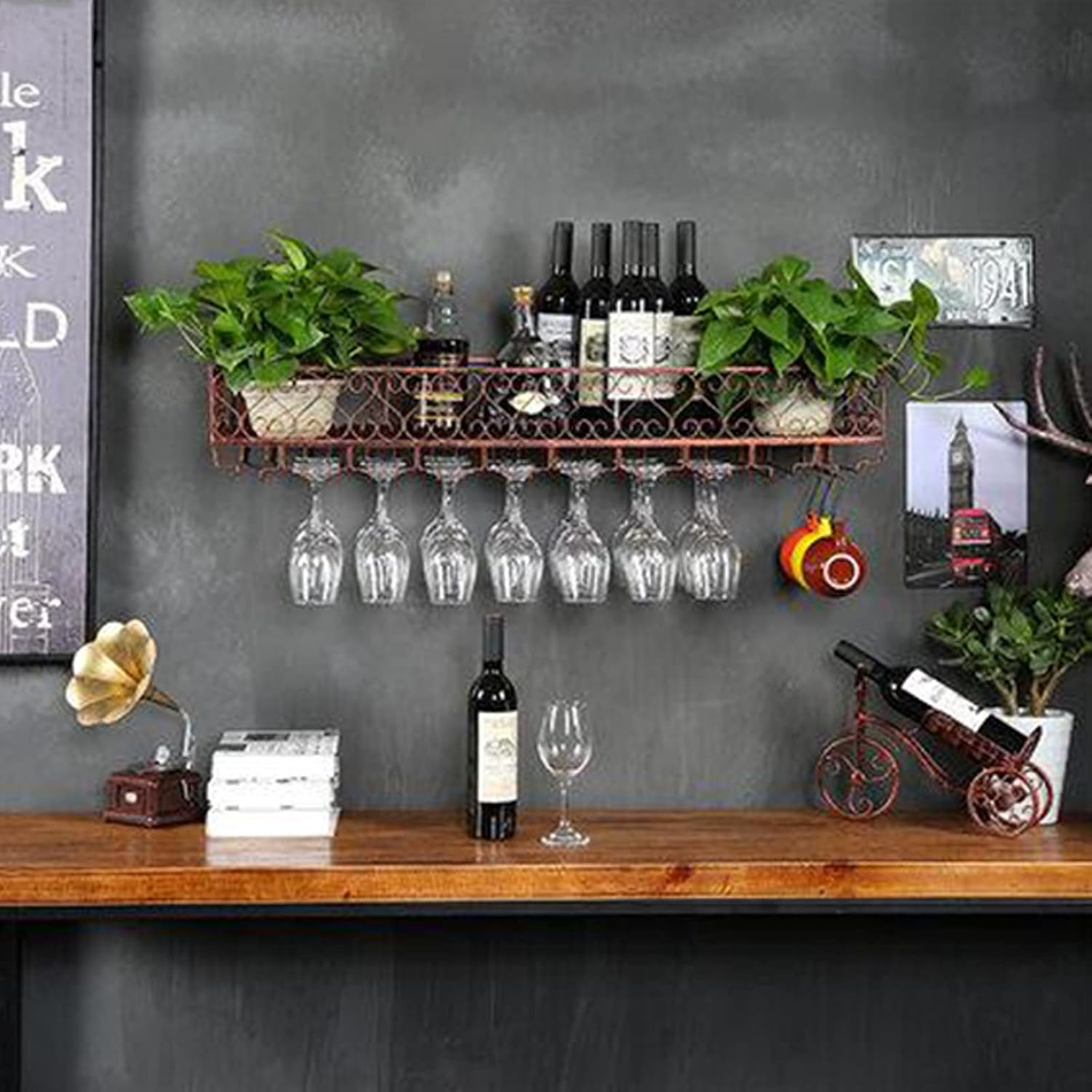 Suuim Wall Mounted Wine Glass Rack with Double Layer Storage