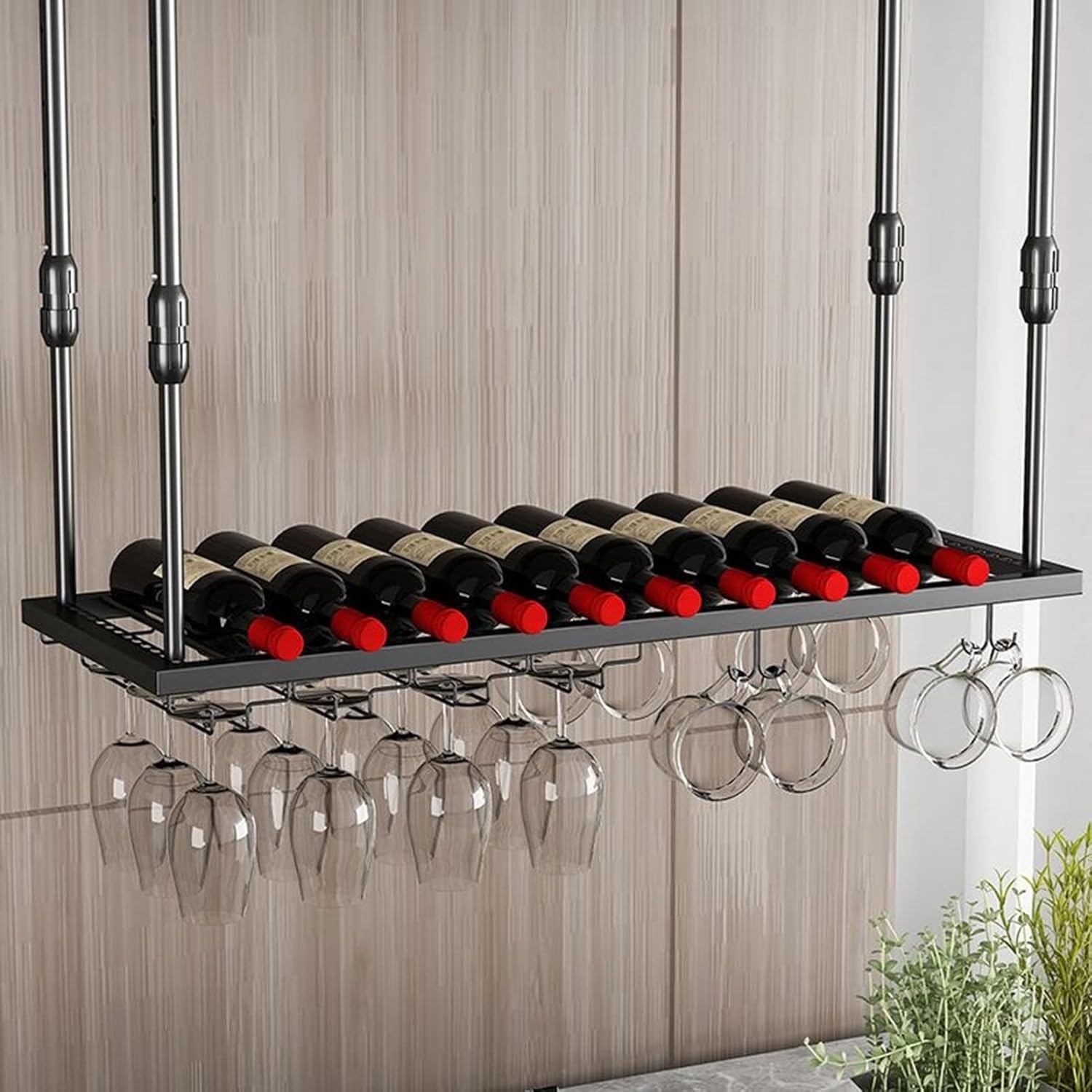 Adjustable Ceiling Wine Bottle Holder with Glass Rack