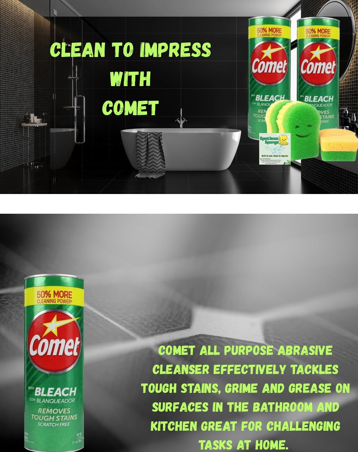 Spotless Sponge Comet Powder Cleanser 21 Oz Scratch-Free Cleaning Set