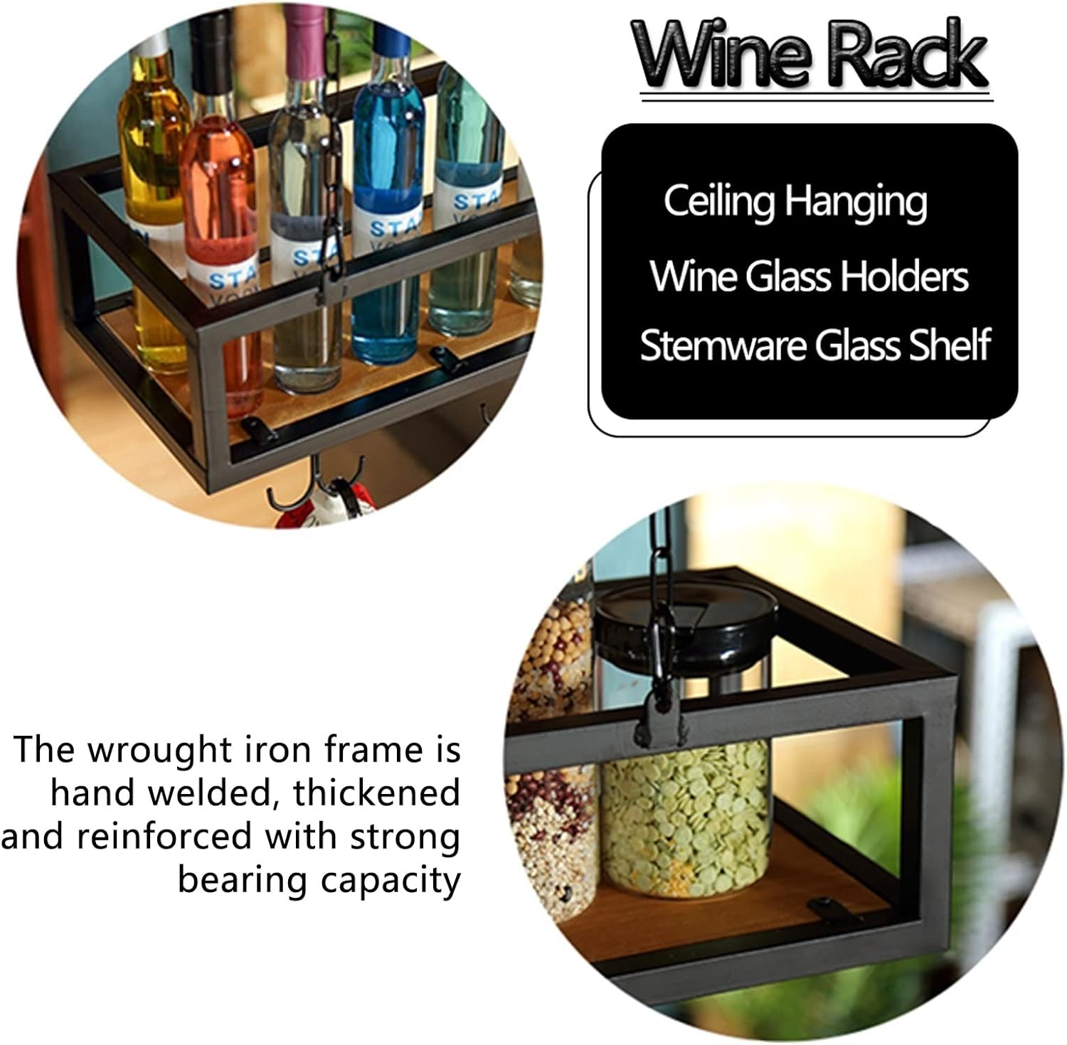 Sturdy Iron Hanging Wine Rack with Adjustable Design Black