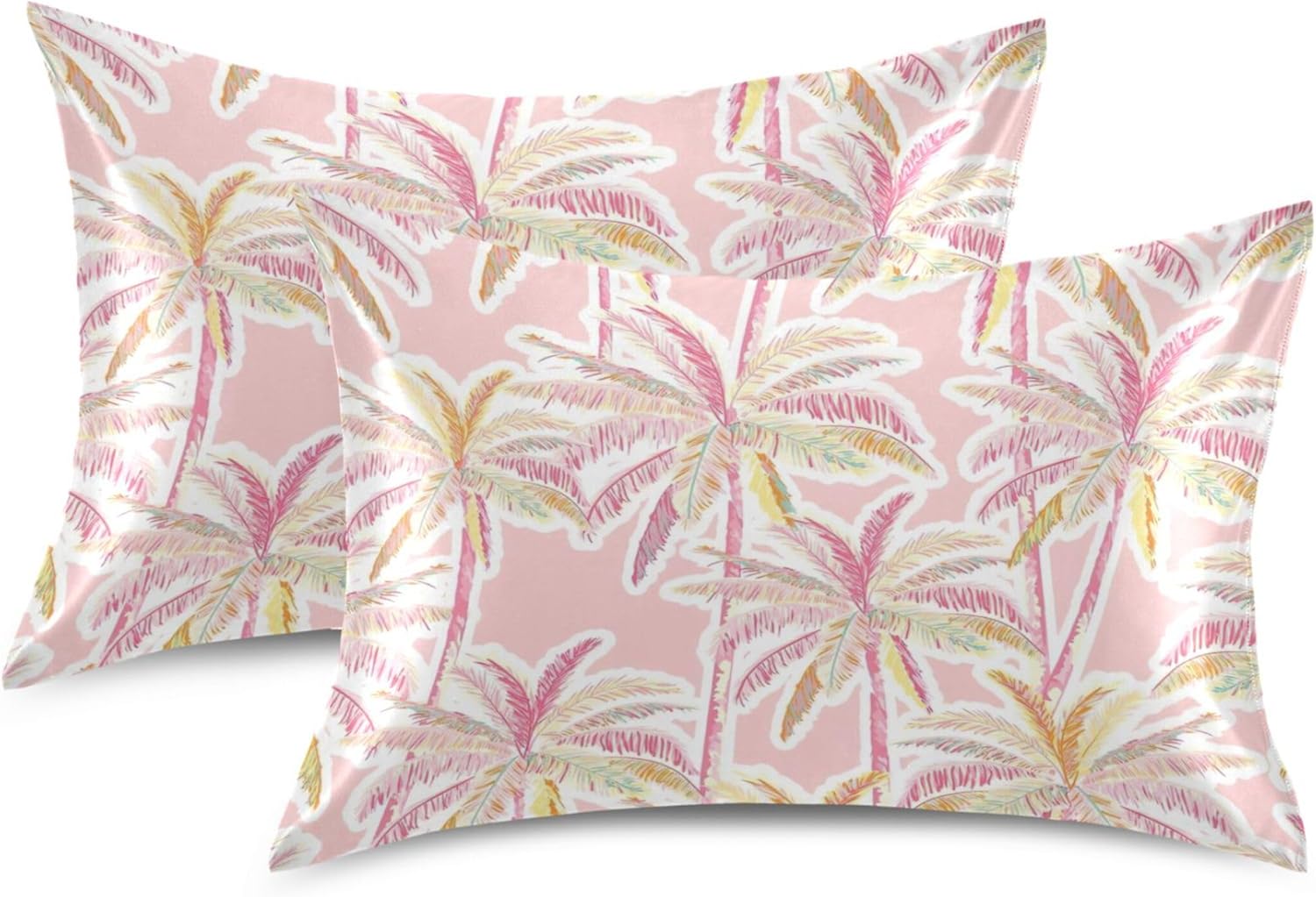 Tropical Palm Pink Leaf Satin Pillow Case