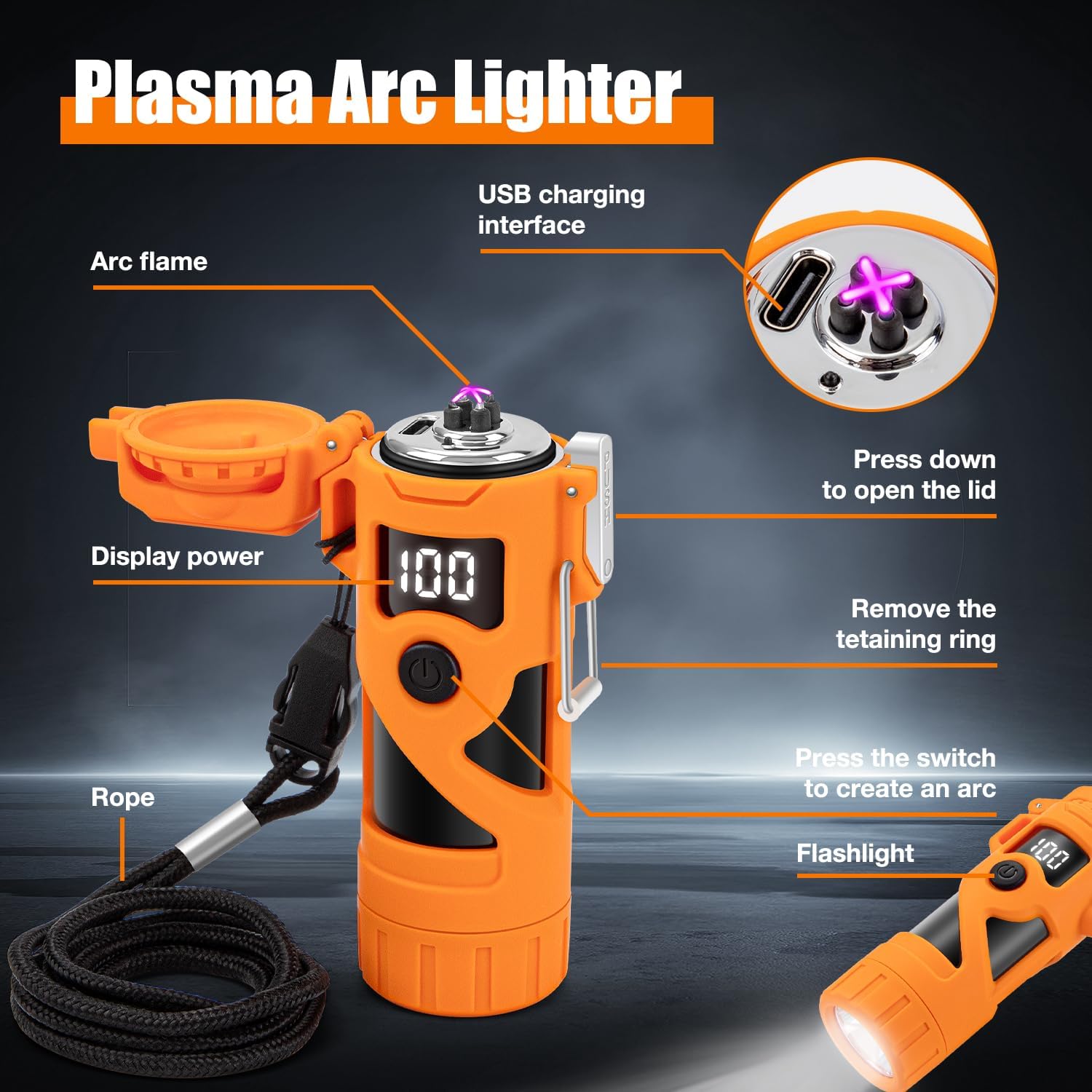 LcFun Rechargeable Waterproof Dual Arc Plasma Lighter with Flashlight and Battery Display