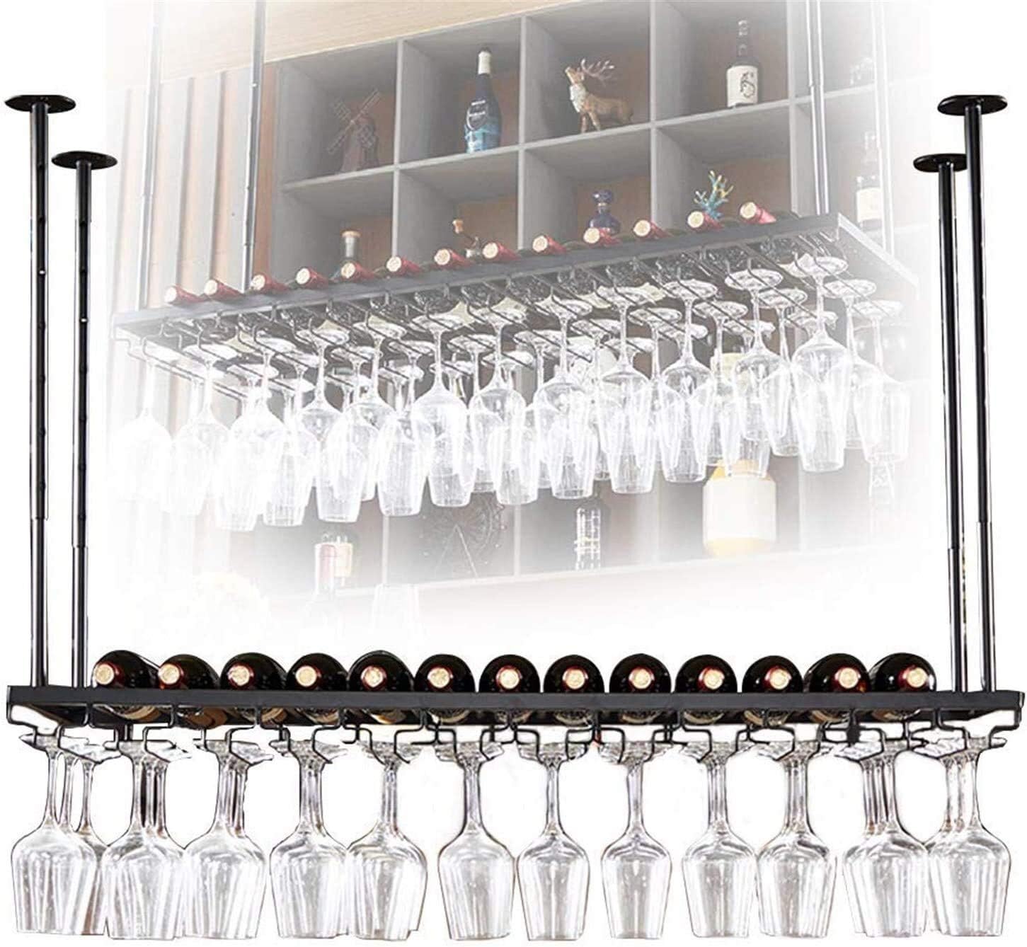 Ceiling Hanging Wine Rack with Adjustable Glass Holder Shelf