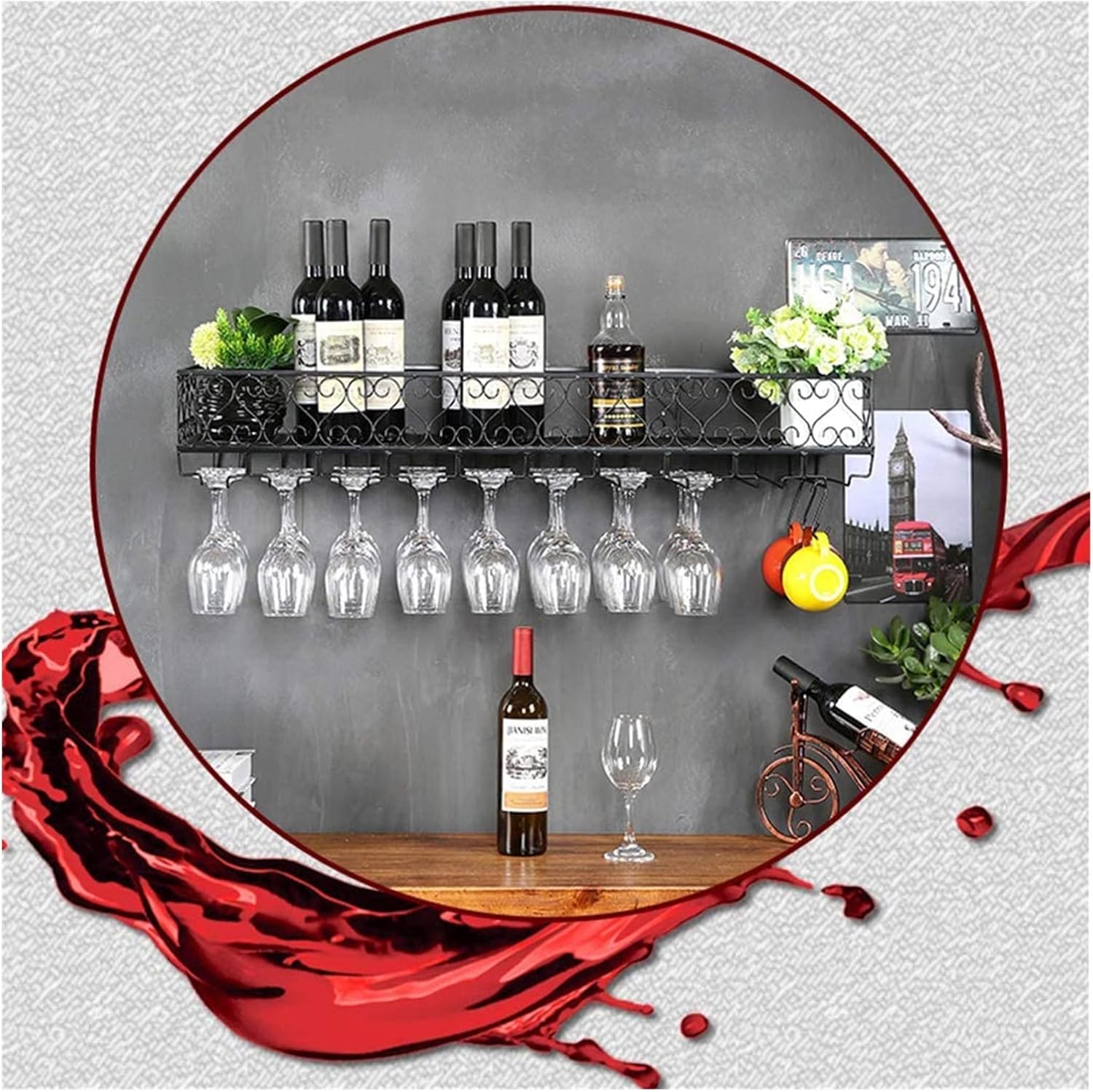 ALDEPO Wall-Mounted Wine Rack with Glass Holder Black Organizer