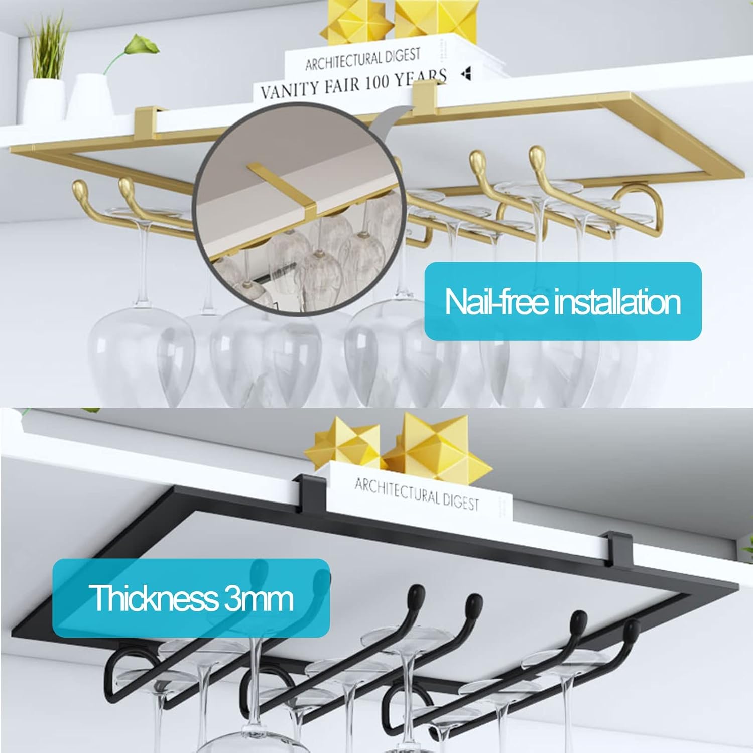 DTDMY Industrial Metal Wine Glass Rack - Under Cabinet Black 30x23cm