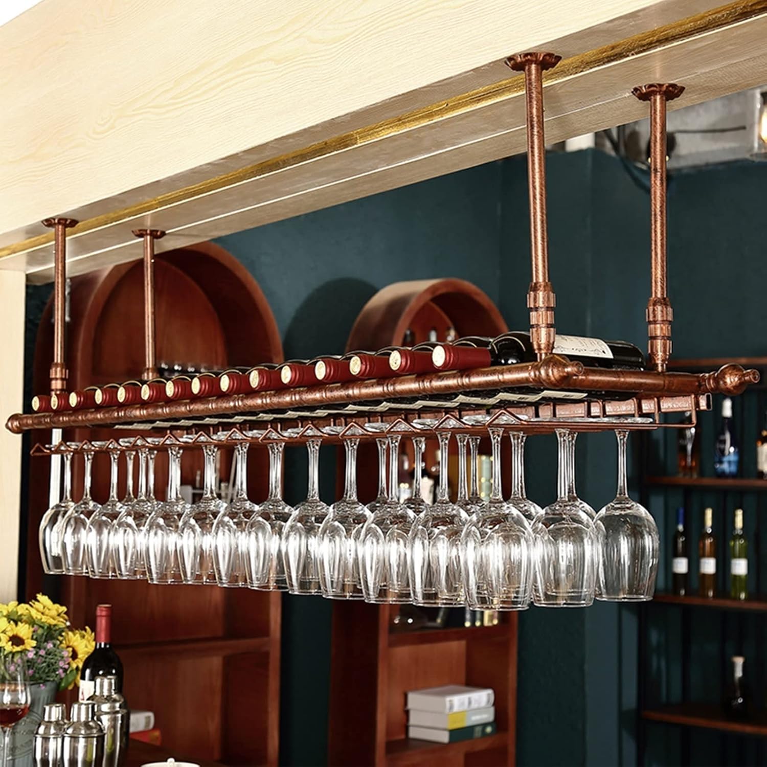 Metal Wine Racks with Adjustable Stemware Holder for Home Bar