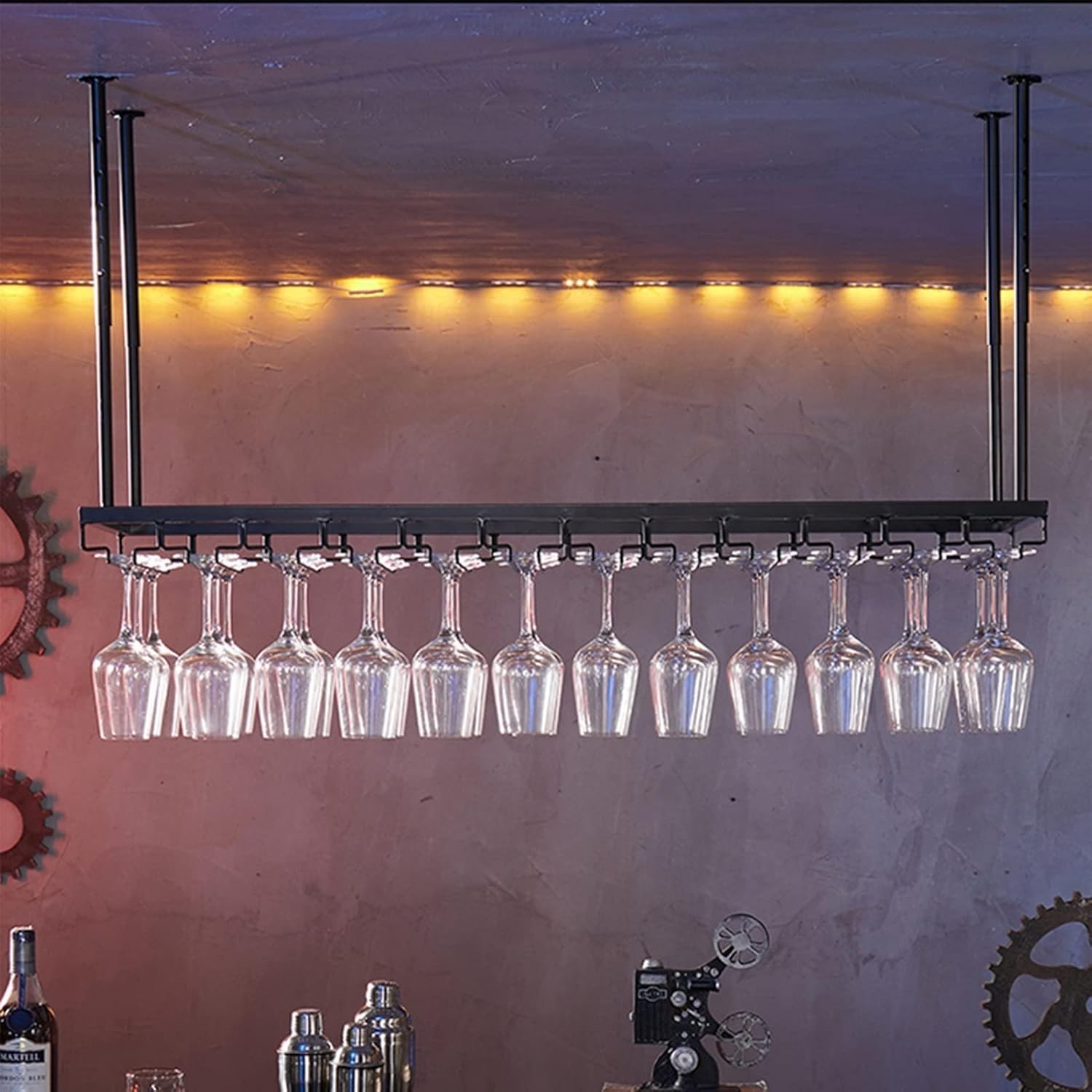 Suuim Adjustable Ceiling Wine Holder with Glasses Rack