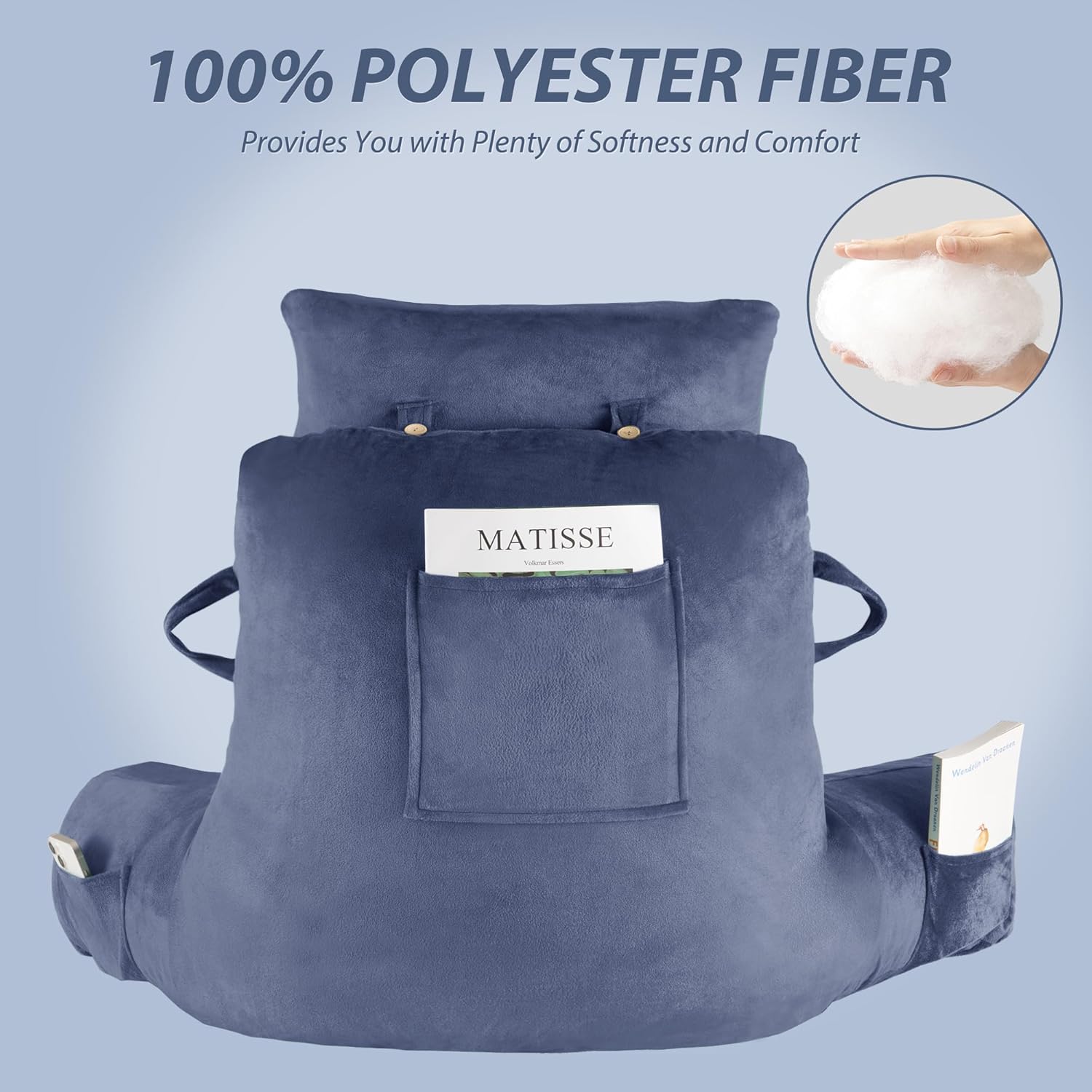 Unisakey Portable Reading Pillow with Headrest and Pockets Blue