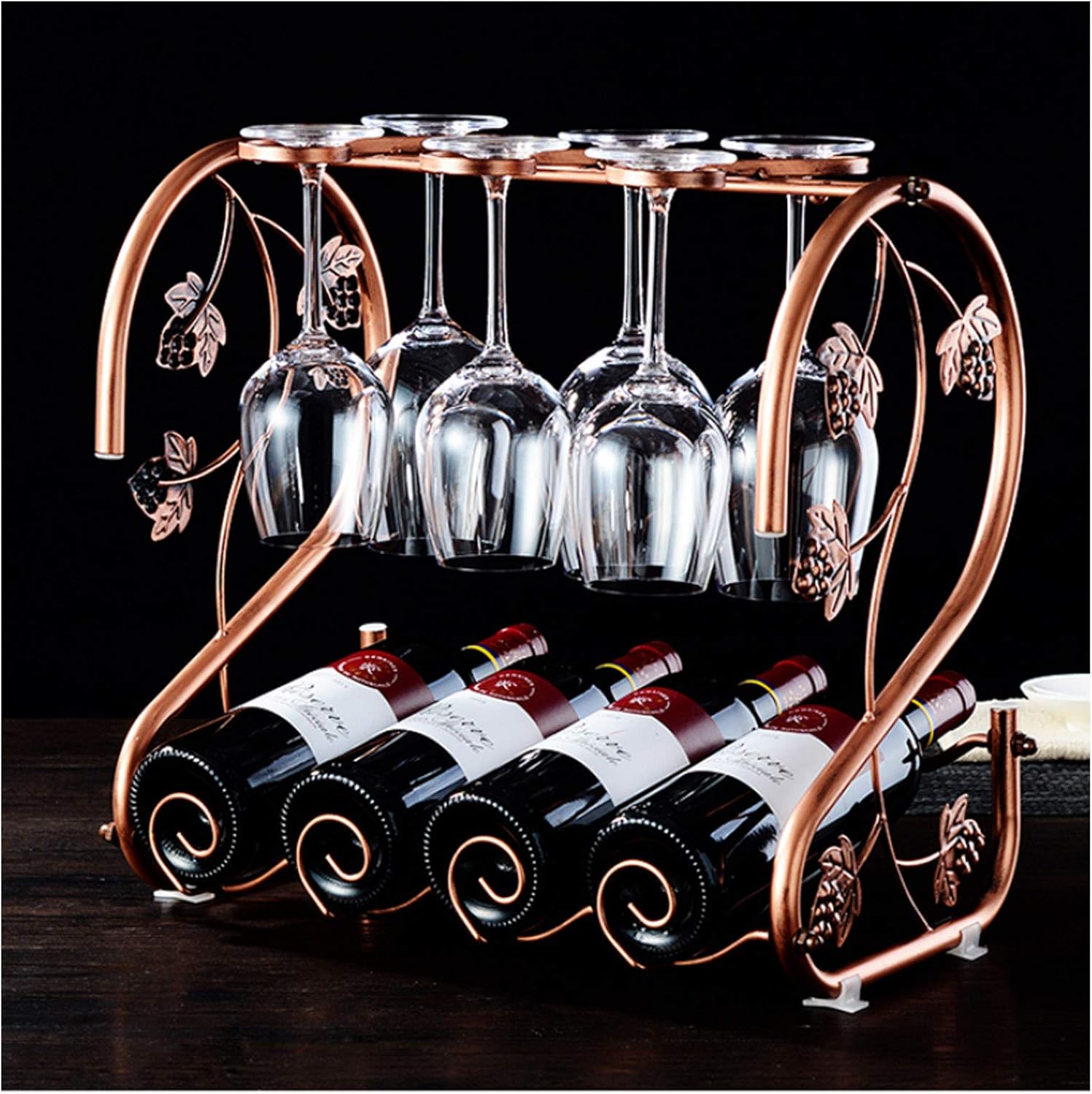 BOCbco Wrought Iron Wine Rack with 4 Bottles and 6 Stemware Holders