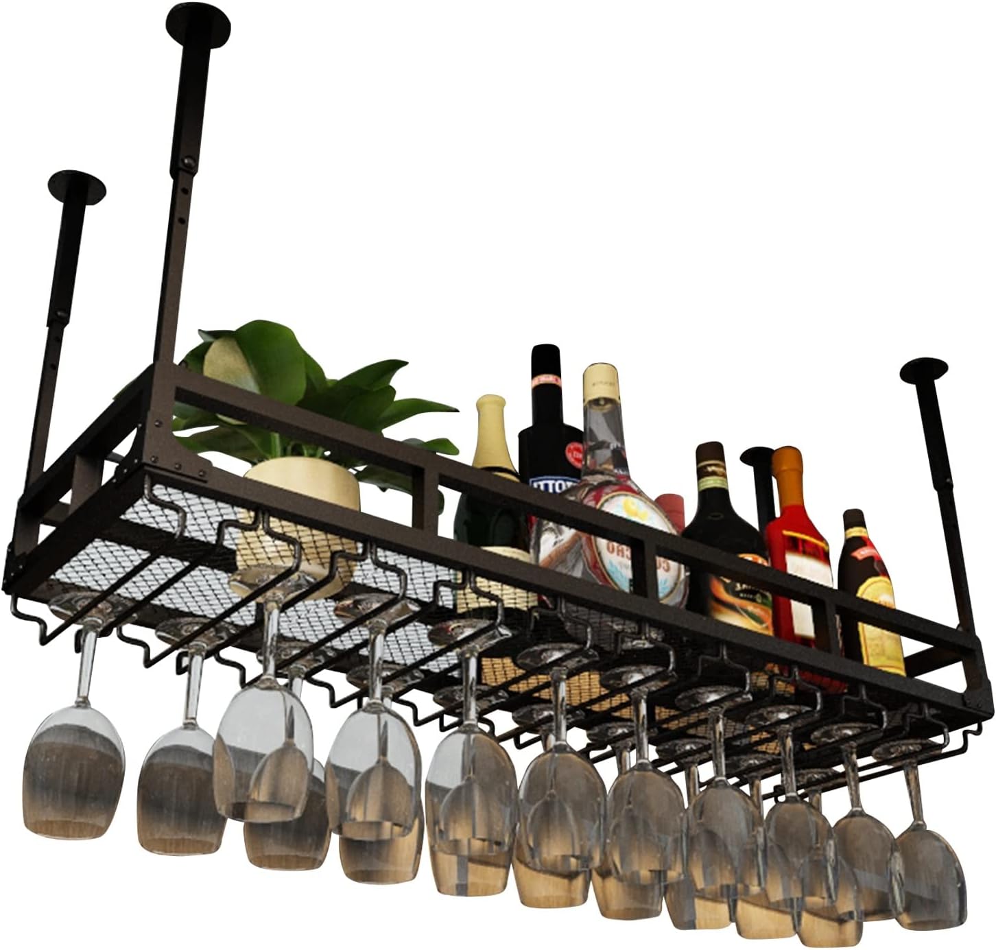 Adjustable Wine Glass Holder with Bottle Rack Black