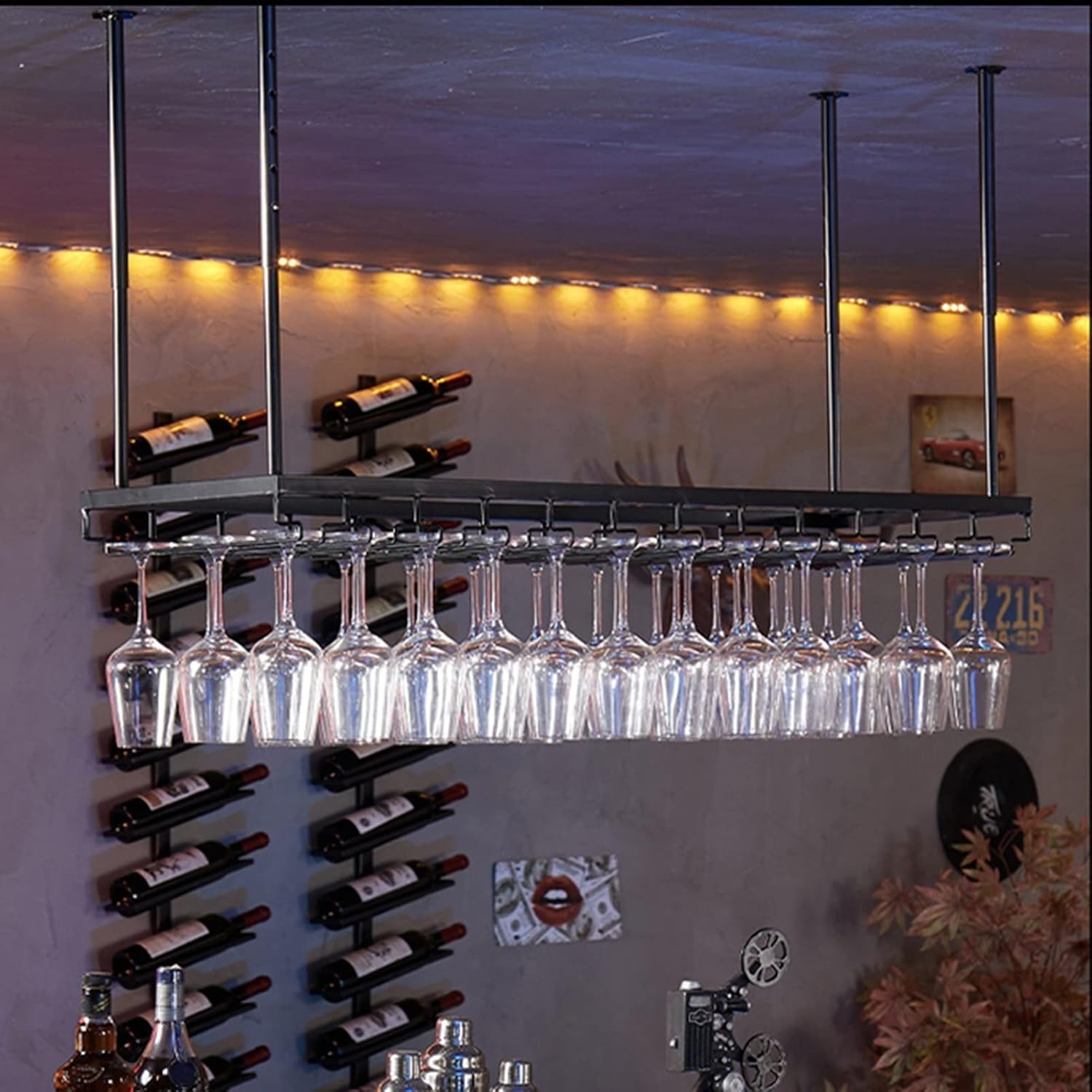 Suuim Adjustable Ceiling Wine Holder with Glasses Rack