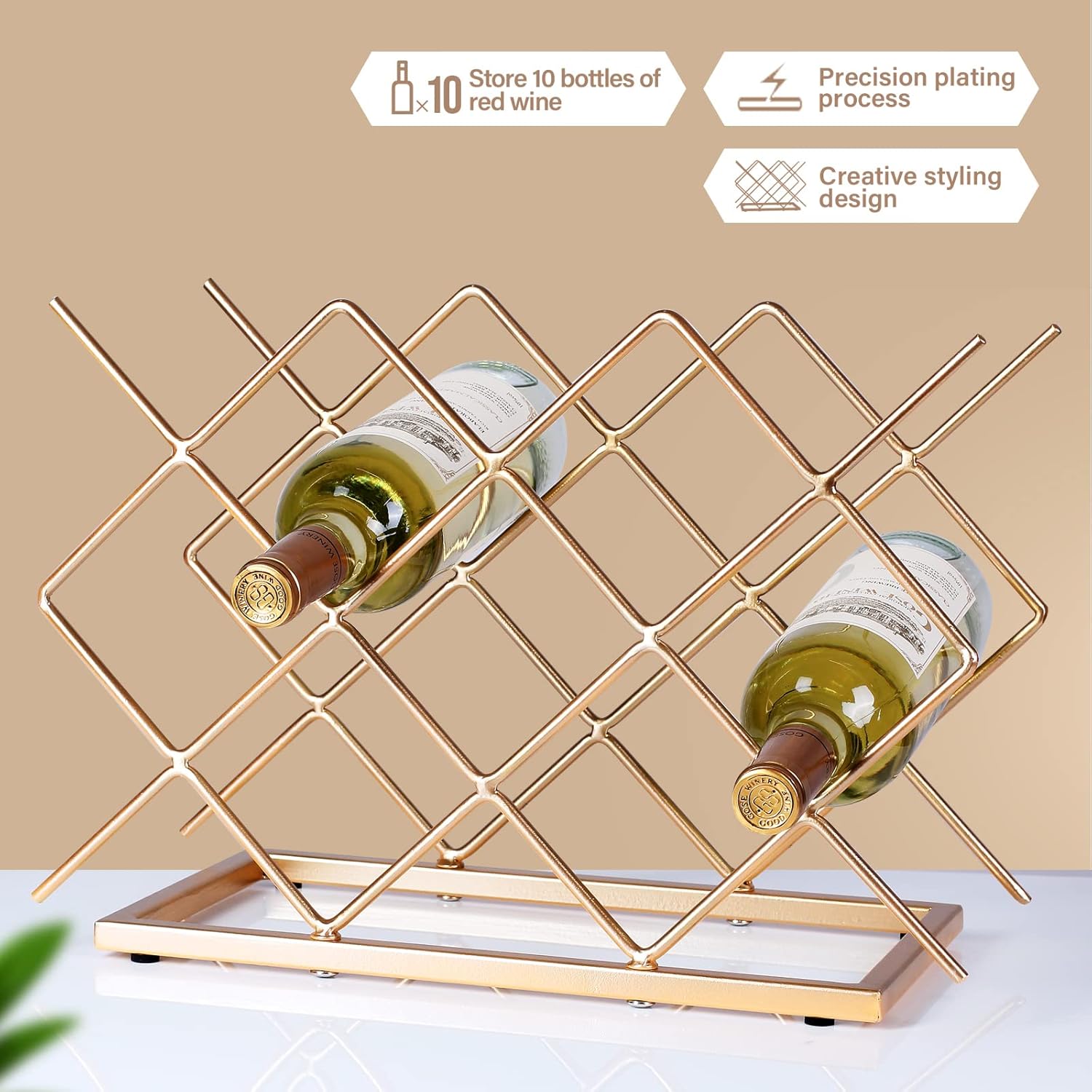 Drincarier Modern Gold Wine Rack 10 Bottle Countertop Stand