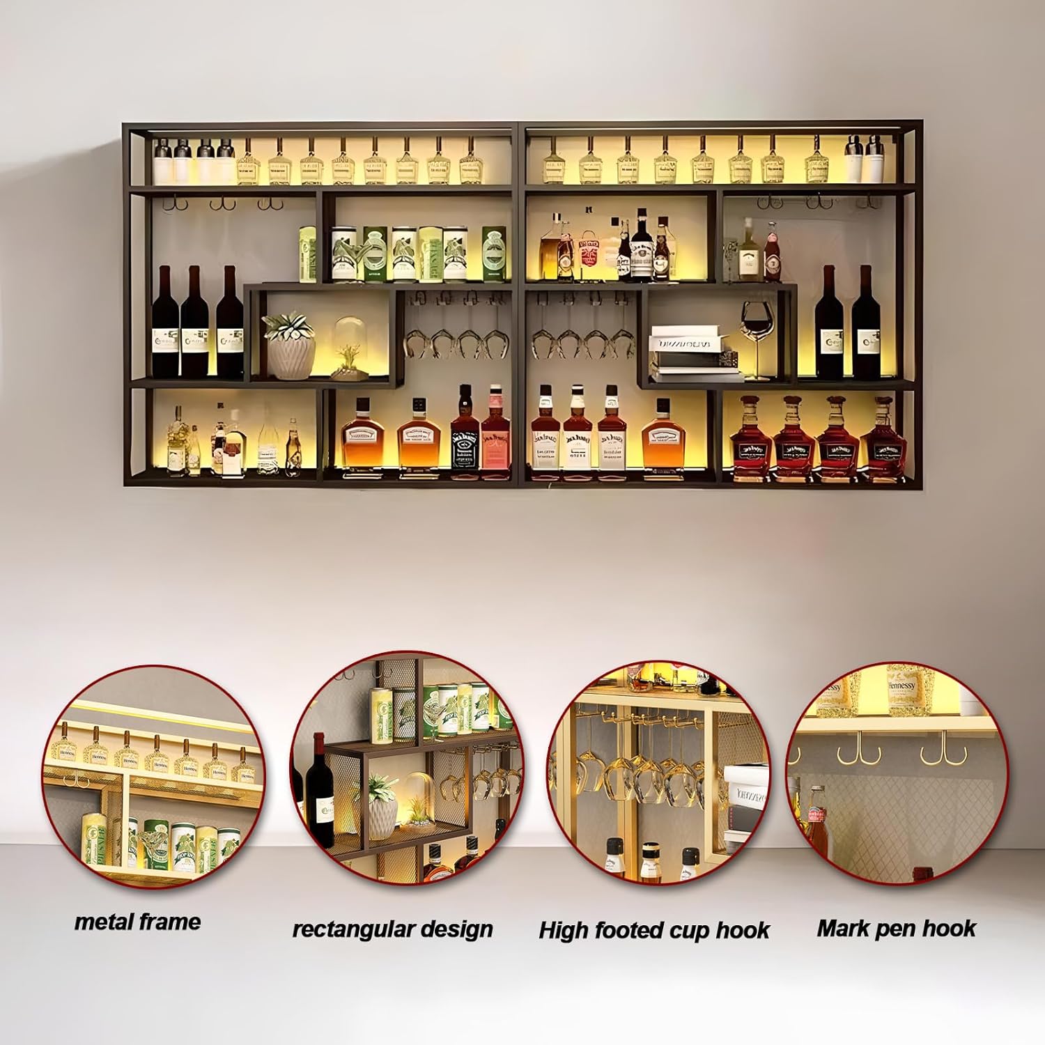 118in Wall Mounted Wine Rack with Glass Holder 4-Tier Industrial Design Black