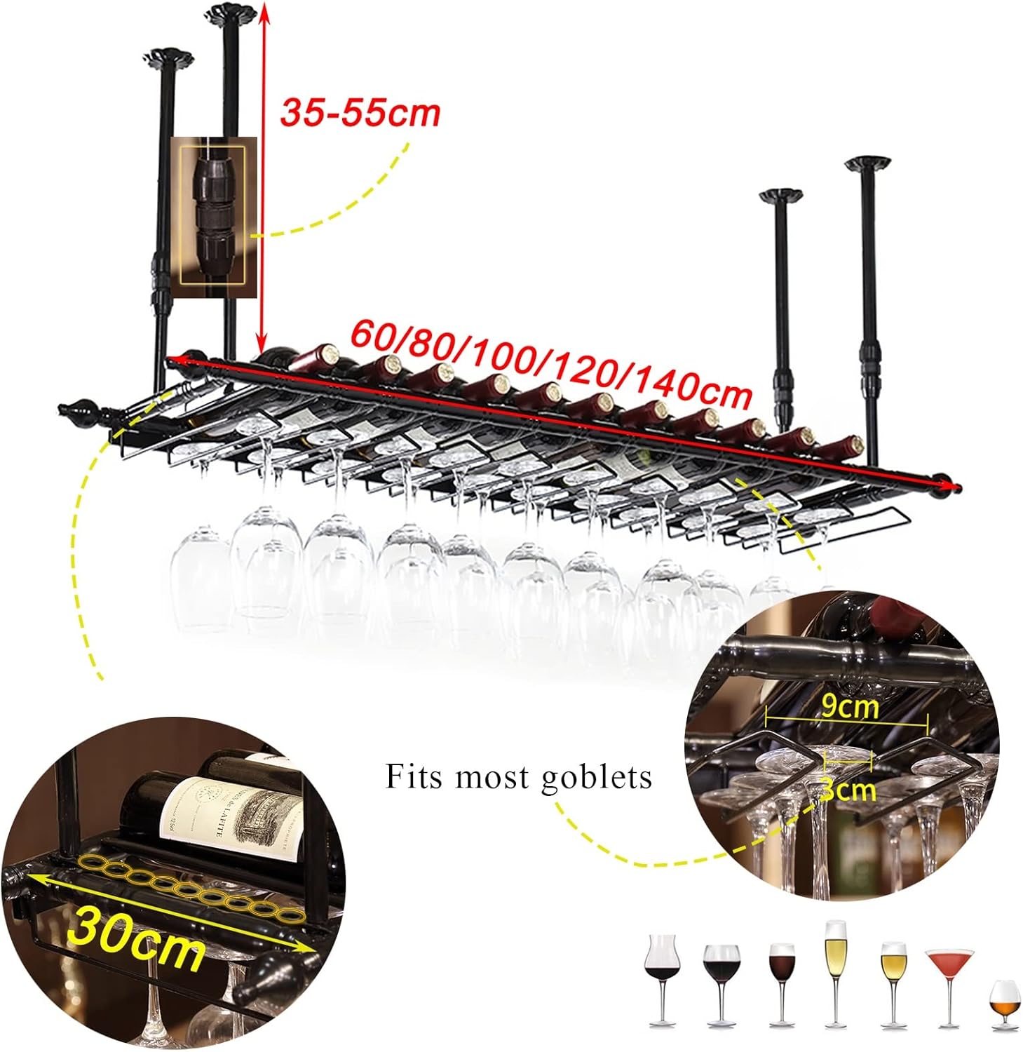 Industrial Black Metal Wine Glass Holder 120x30cm