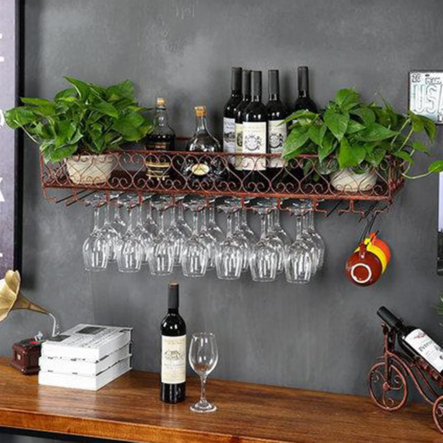 Suuim Wall Mounted Wine Glass Rack with Double Layer Storage