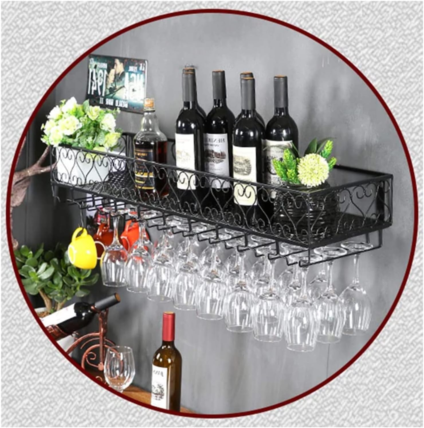ALDEPO Wall-Mounted Wine Rack with Glass Holder Black Organizer